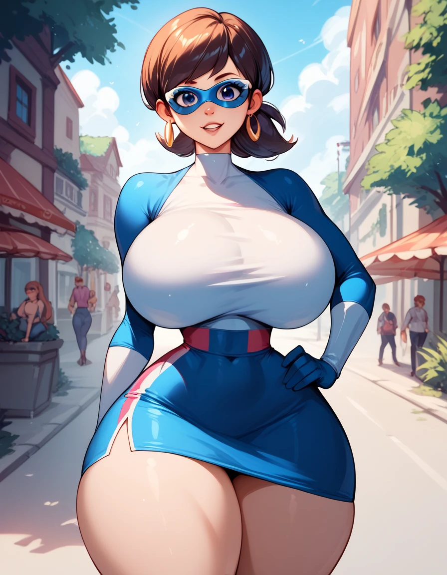 score_9_up, score_8_up, score_7_up, 1girl, solo, source_anime, hourglass figure, Big breasts, kemonomimi, bear ears, brown hair, short hair, messy_hair, blue eyes BREAK freckles, (cosplay), super girl cosplay, super hero, white bodysuit, cleavage cutout, red cape, blue gloves, blue boots, brave smile, closed mouth, standing, looking at viewer, outdoors, urban area, daytime