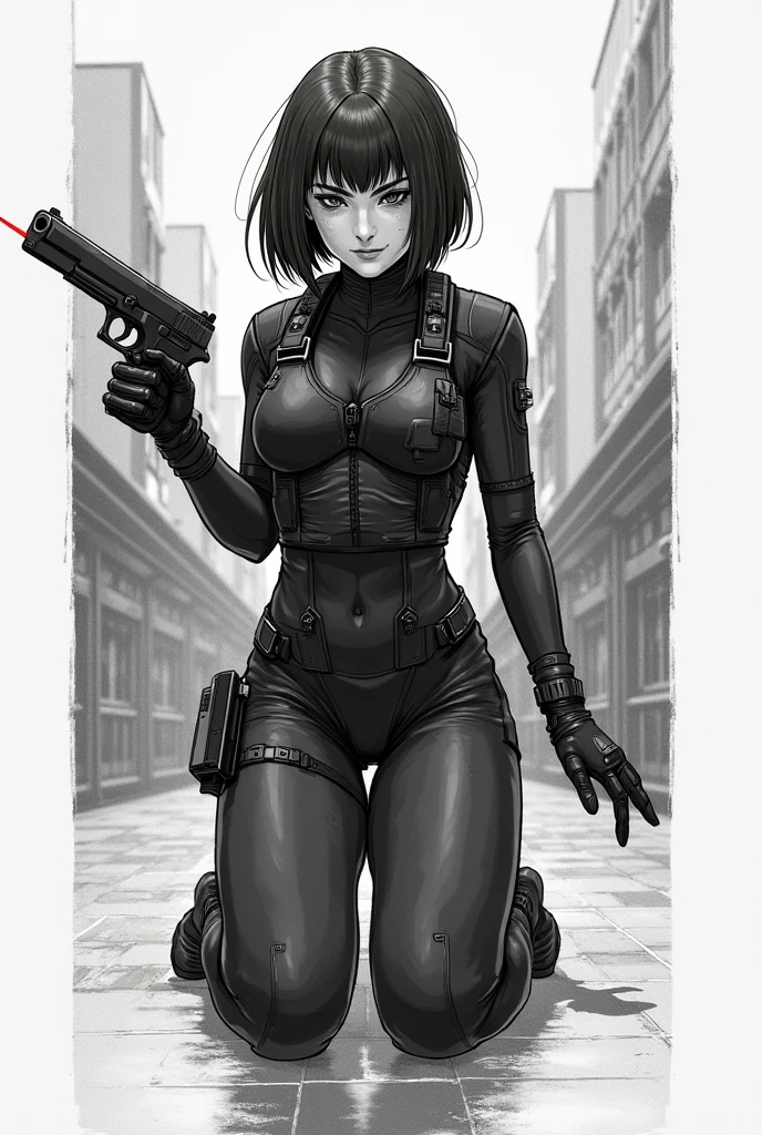 vibrant colors, 8K, high resolution, highly detailed, masterpiece, ((my little pony)), (Hair top black bottom white), (pale body), (gray eyes) seductive face, woman's tactical gear, standing, big breasts, beautiful body