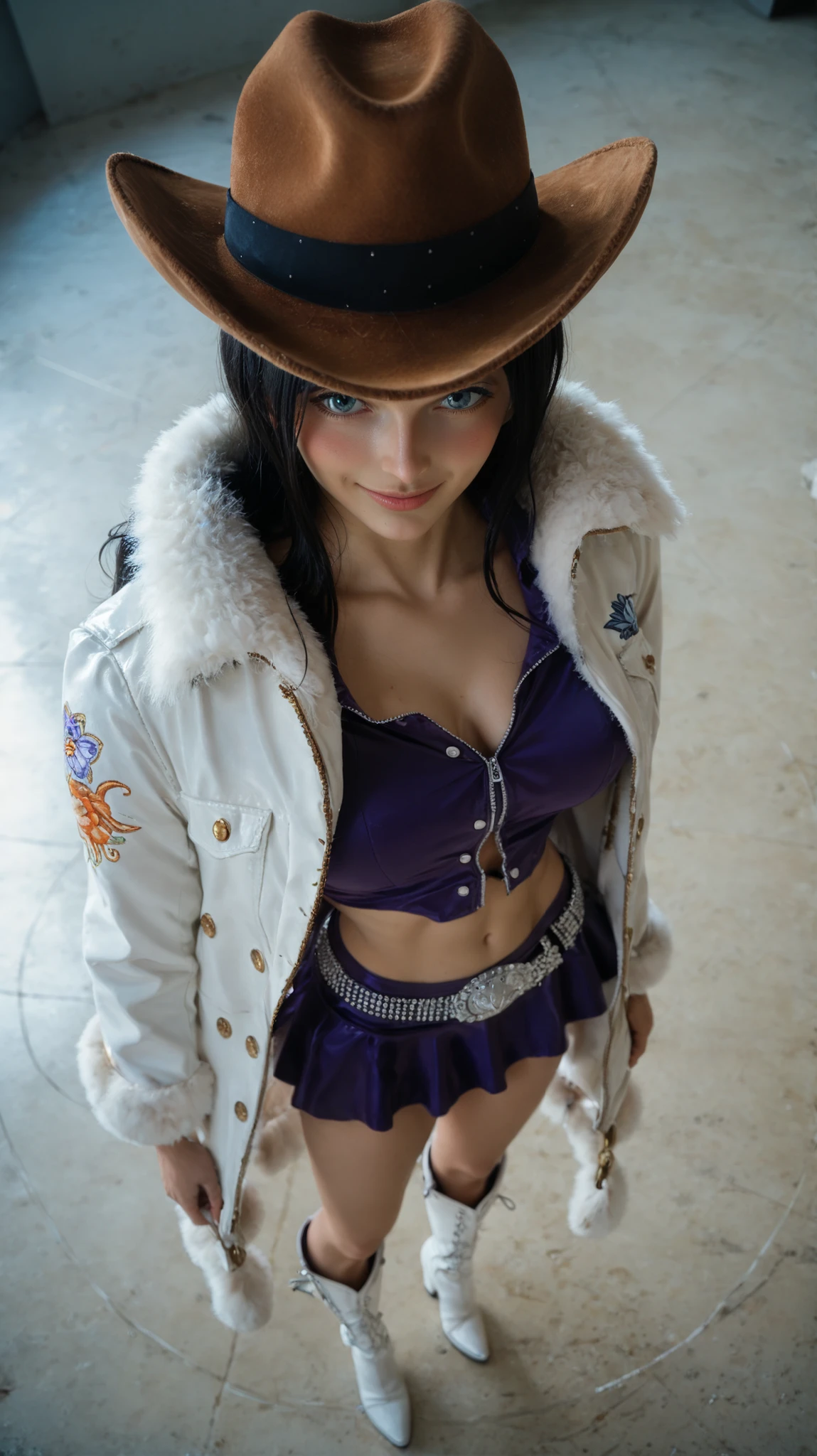 2D, anime, anime style, seductive cowgirl outfit, detailed purple crop top with laces, short purple skirt, white boots, fluffy light purple cowboy jacket, confident posture, overhead shot, looking up at viewer, white cowboy hat with orange trim, black long hair, blue eyes, charming smile, toned stomach, full body, standing in a circular sandy arena, strong lighting and shadows, focus on face and outfit, highly detailed, ultra HD, soft blush, Korean anime style, beautiful woman, Nico Robin cosplay, elegant and sexy, highly detailed fabric texture, boots and jacket details emphasized, anime-inspired cowgirl theme