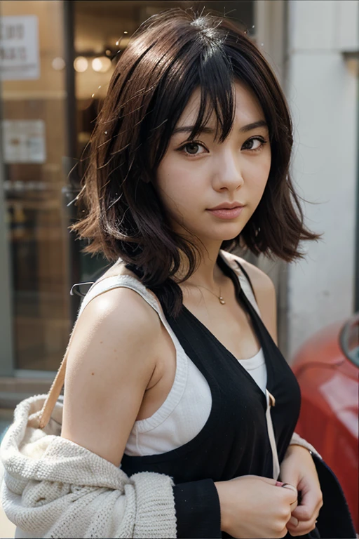 Best, detailed, kawaii, upper body, short, brown hair, high quality, Japanese, modern girl, city, skinny, pov, fashionable, pretty,