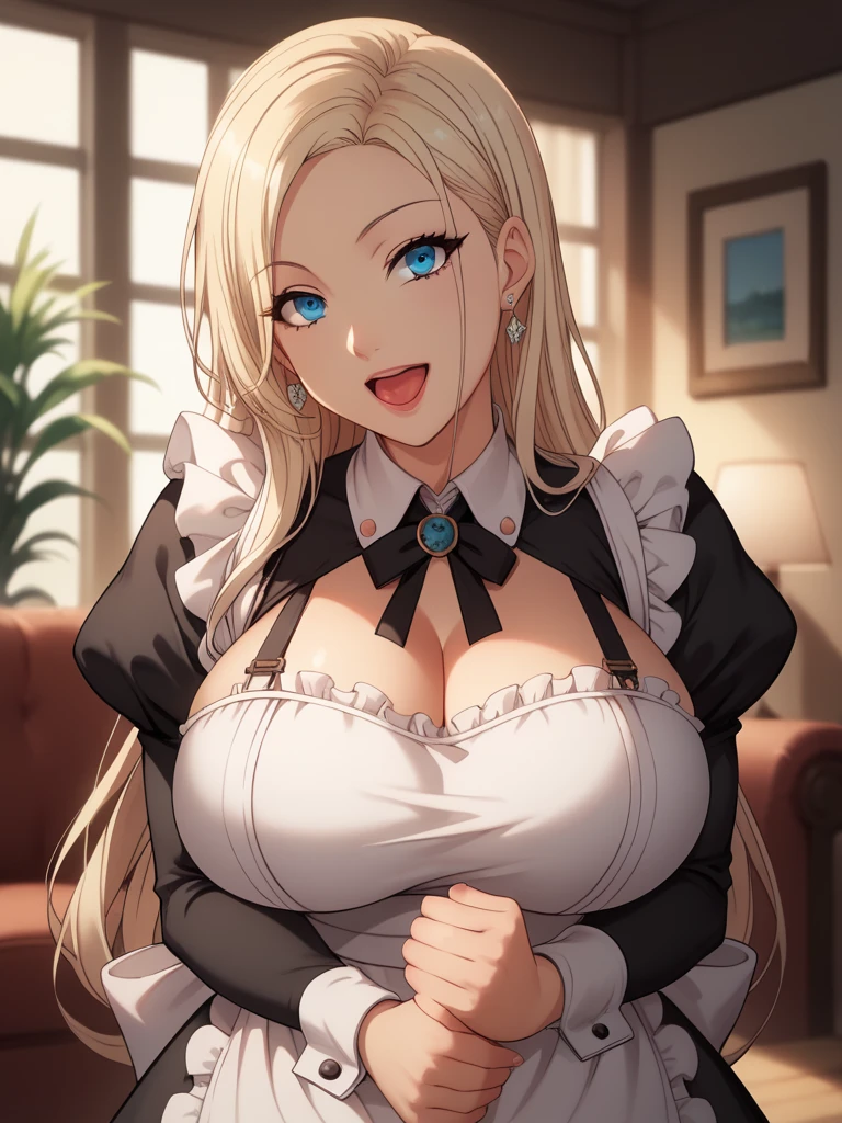 (Best Quality, masutepiece, Official art, hight resolution:1.2), the Extremely Detailed CG Unity 8K Wallpapers, photographrealistic, ultra-detailliert, (24-year-old Russian girl, Solo, maid), Long hair, (Blonde hair:1.2), (Bangs), Smile, prefect face, Pre-Blue Eye, blush, Open mouth, (Huge breasts, drooping chest, cleavage:1.2), thighs thighs thighs thighs, Maid headdress, Waist apron, White Apron, frilld, black thighhighs, Choker, earrings, 手链, Standing, Look up,