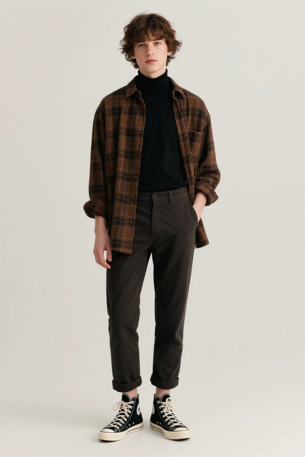 A american young men with a soft, expressive face and fair skin, slightly flushed cheeks, and large, deep brown eyes. He has short, tousled, wavy dark brown hair with a fringe that gently falls over his forehead. He wears a black turtleneck under a loose, brown plaid overshirt, paired with rolled-up dark pants and black Converse sneakers