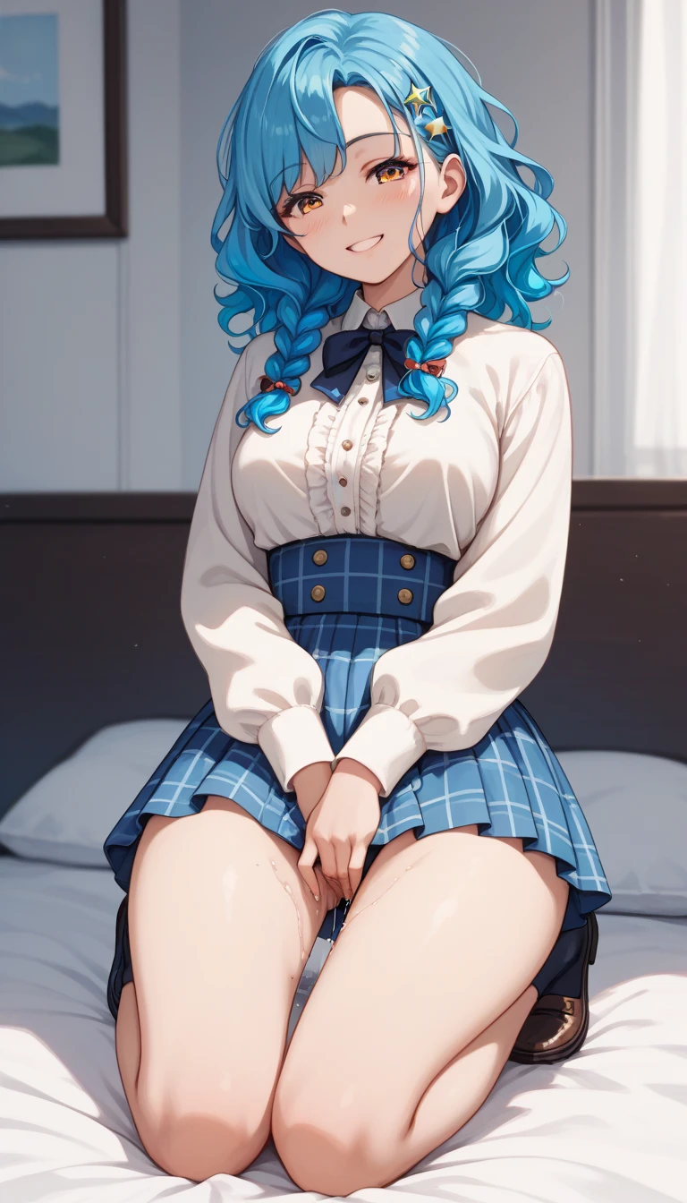 solo, High resolution, Bangs between the eyes, Highest quality, masterpiece, detail, High-resolution model, Ultra high definition, girl, anime, cute, Shiny Hair, One girl, Blue Hair/Light blue hair, medium Perm Hair , fair skin, 35mm lens, f/1, age 20, on bed, wearing knit sweater & miniskirt, (Flirtingly lifting her skirt to show her panties:1.3), embarrassed,blush
