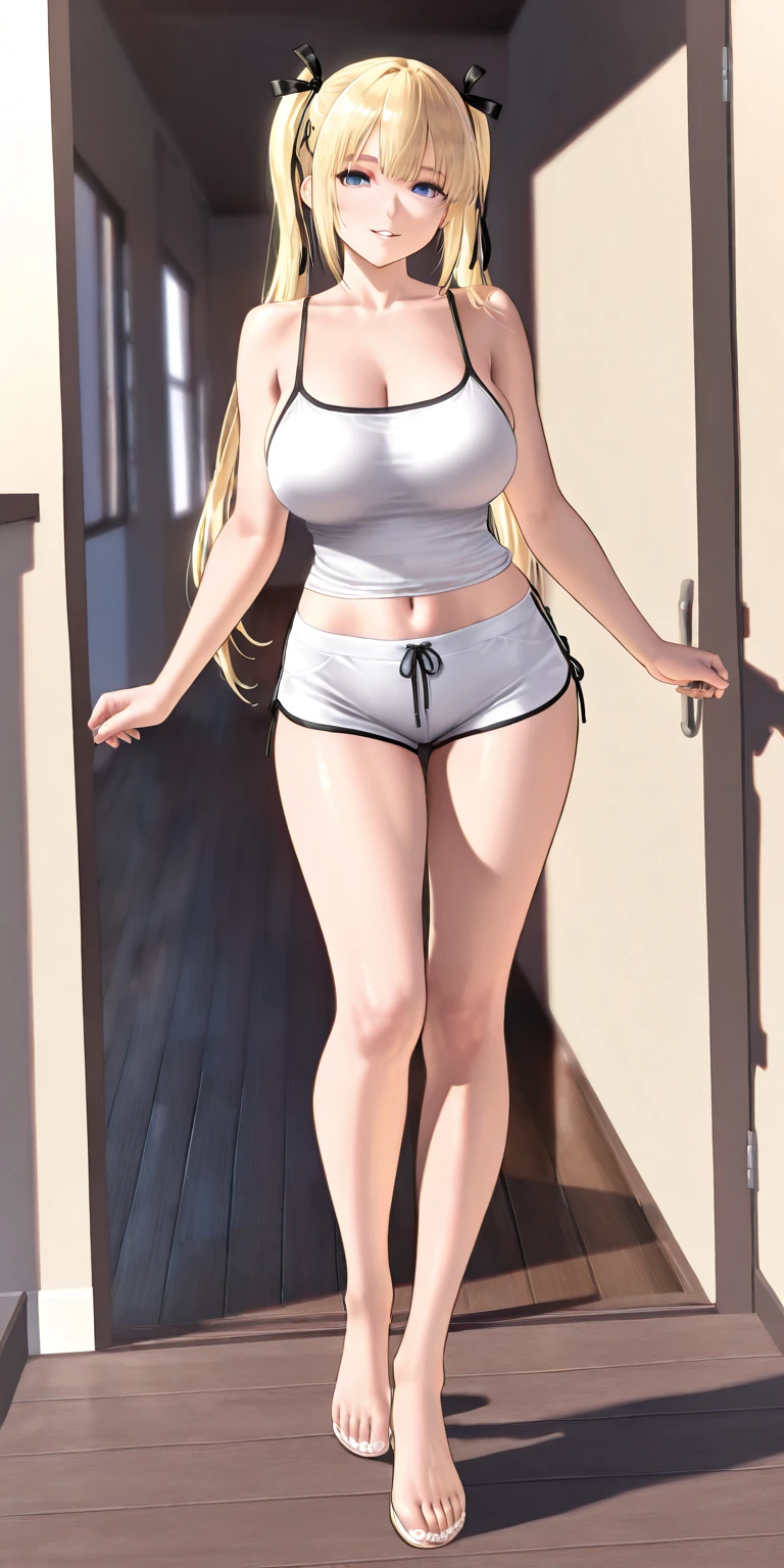 Masterpiece, ultra-high detail, 1 girl, (revealing bright-white bikini top1.3), (dark brown pantyhose:1.4), (bright-white bikini bottom:1.2), long straight platinum-blonde hair, (emphasis on her legs and feet:1.3), (huge breasts:1.4), sexy legs, skinny, small hips, small butt, stunningly beautiful, (thin:1.1), fit, , athletic, (walking toward the viewer:1.2), freckles, wet skin, dark makeup, backdrop of a beach, sunny day, feet in view, (show entire body), sexy ankles, low denier