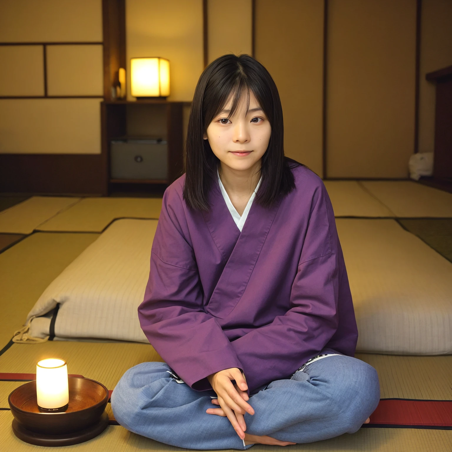 Japanese woman, cute, 7, close-up, ( side lighting, wear seetaa with yarn、
casual clothes, in a kotatsu 、A room in a ryokan、