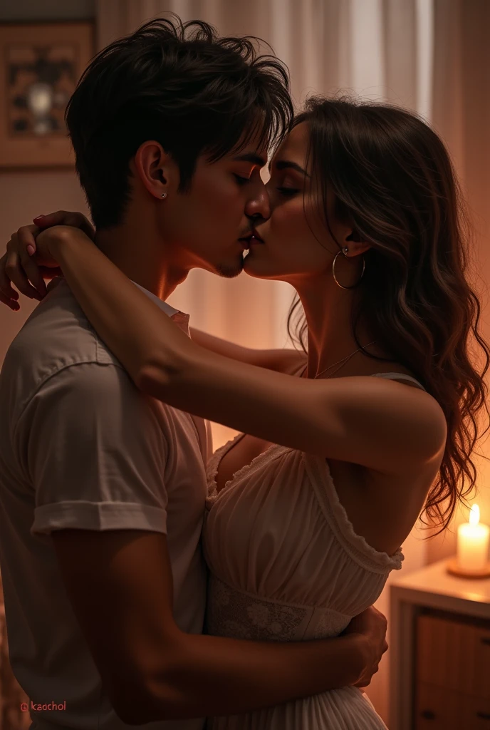 Amazing portrait of a boy and a woman who is a beautiful woman kissing each other with passion in a bedroom which is a bright room with candles lit during night time,