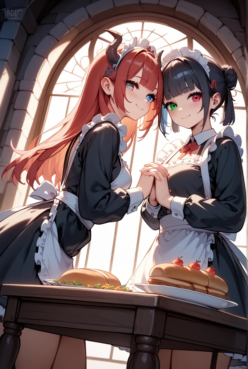 2 girls、kiss,Sticky,Face to Face,love,(8k、Highest image quality、best quality、masterpiece)、Maid costume,Panting,Large Breasts,Extremely detailed facial details, handcuffs,Collar,Calm expression,Red lips,Sweet smile,Black long hair, Charming blue eyes, Fox ears, Ridiculously big, glowing skin,Dining room
