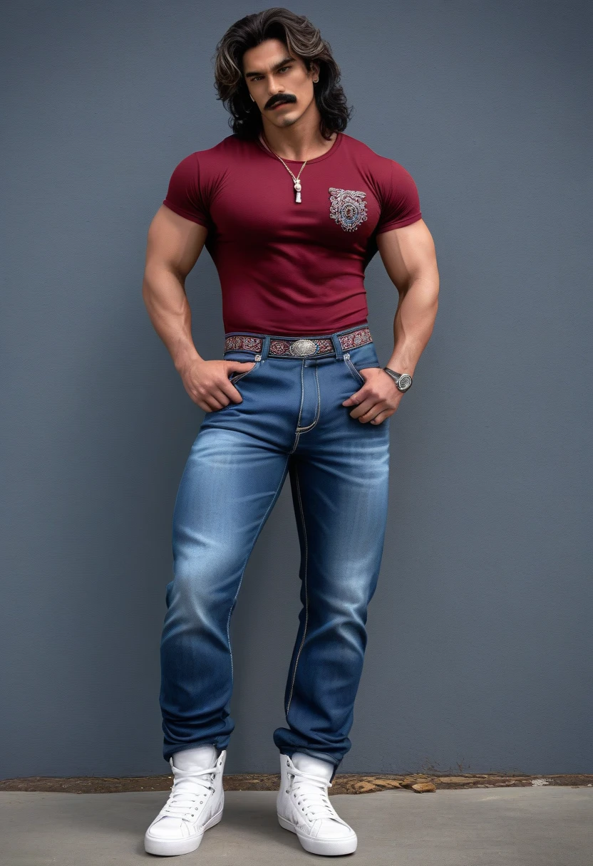  Generate a handsome Indian six pack abs boys with fucherstie baground and stylish pose and short hair and mascular man with a tesert and jeans and mascular chest
