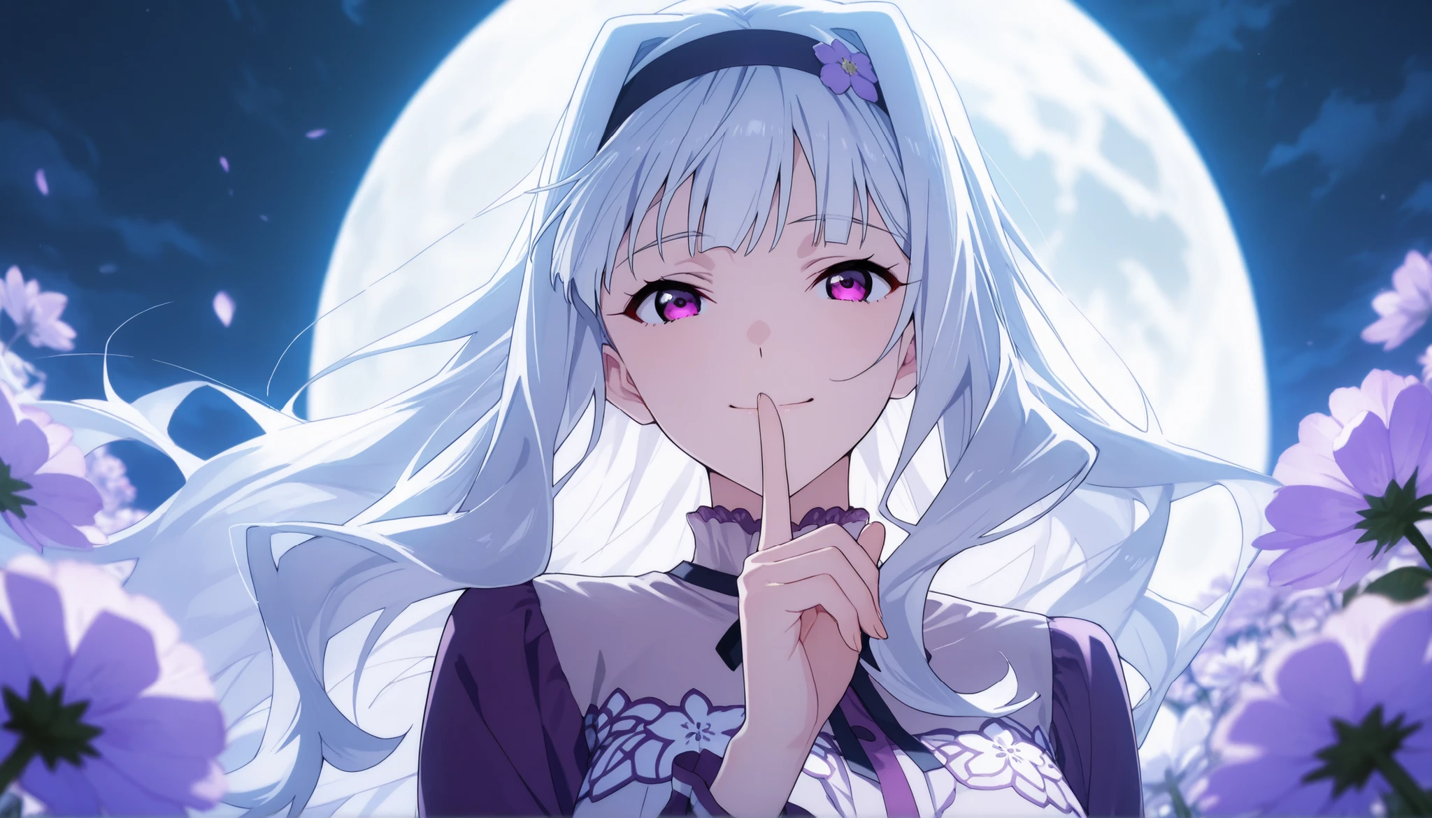 score_9 , score_8_up , score_7_up , source_anime ,1 girl, solo, Shijou Takane, white hair, long hair, purple eyes, headband, smile quietly, (Facing the viewer, view audience), Place index finger over mouth, Hair blowing in the wind, night, In the flower garden, (Pale flowers, Faintly luminous flowers), A beautiful round full moon, low angle, detailed face, detailed eyes, detailed background