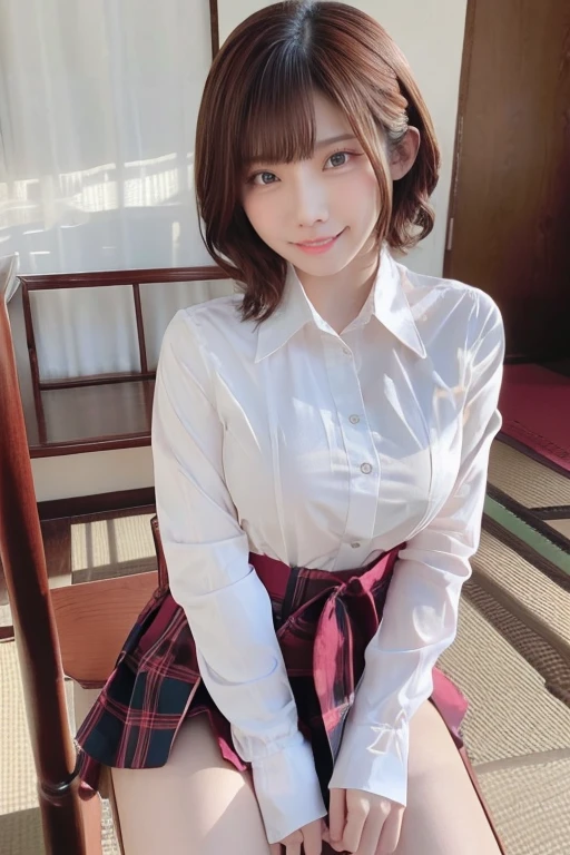 (8k, raw photos:1.2), detailed face and eyes, extremely detailed, ultra-detailed, high quality, masterpiece, hyper detail, sharp focus, realistic, photorealistic, photo-realistic:1.37, cinematic lighting, soft lighting, beautiful girl, blonde hair, bob cut, smiling, sitting on chair, legs spread, zettai ryouiki, skirt, panties visible