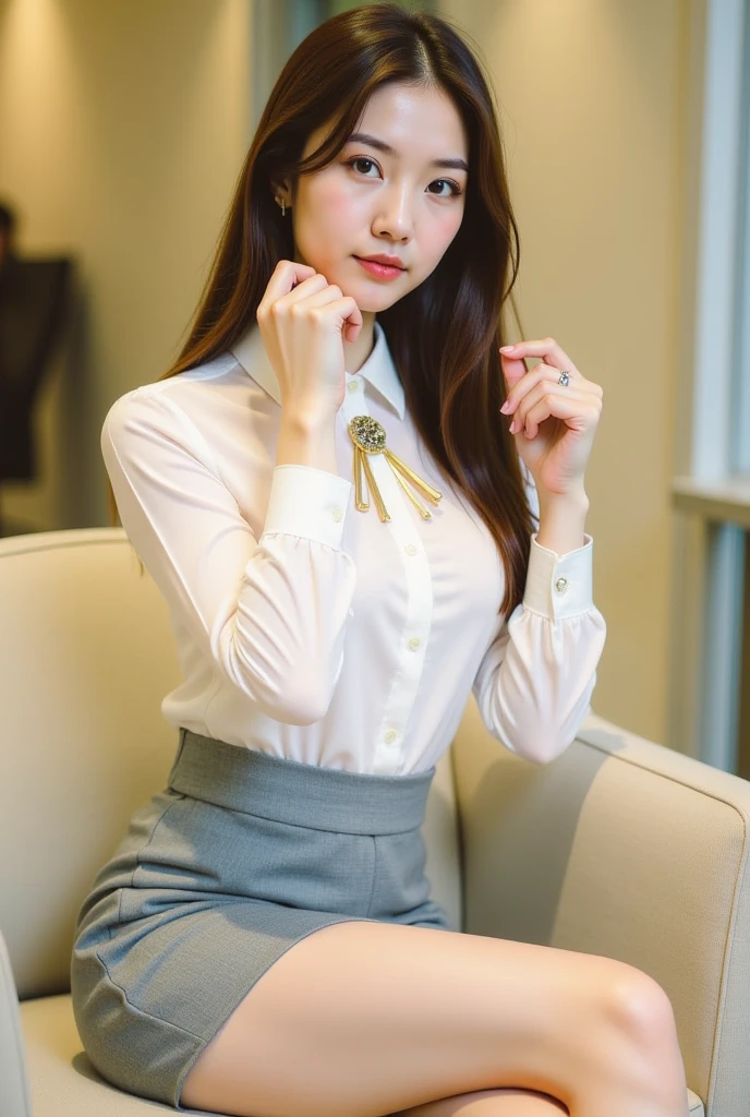 (clear, high-definition image), (job interview, Interviewer's perspective), frontal image of a woman wearing a miniskirt sitting on a chair and looking straight at interviewer, open legs a bit, seduce by (slightly) showing her light colored panties, ((a shirt with all the buttons fastened)), angle from below, window, casual styled suit jacket, tiny earrings, smiling, dark red hair,