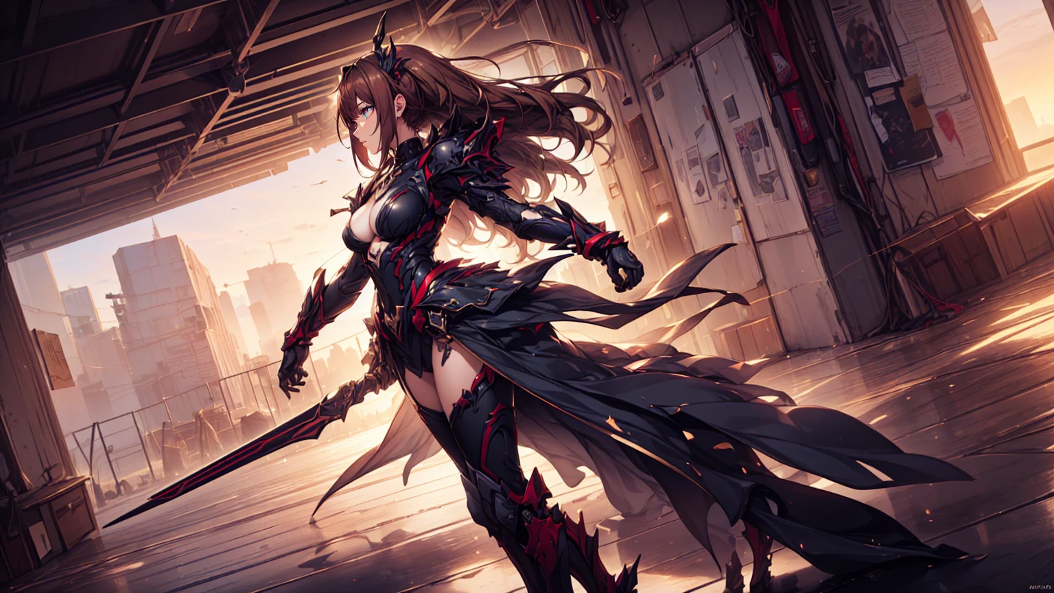 (8k), (hyper detailed), (ultra quality), (masterpiece), (anime), (detailed machine), (beautiful girl), (beautiful background), (beautiful body), petite, small breast, slim legs, silky black hair, extra long hair, voluminous hair, detailed beautiful purple eyes,cape, (mechanical armored), weapons