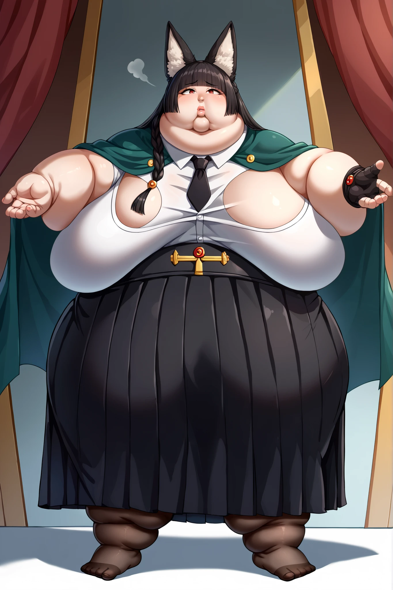 Fat_neck , Fat head , eyes with crushed cheeks , nose with crushed cheeks , mouth with crushed cheeks , chin roll , chubby, obesity, chubby, shortness of breath, Wide angle , Ultra-detailed illustration , masterpiece , top quality, fat, chubby, obese , hoshimi, red eyes, black hair, very long hair, blunt bangs, braid, fox ears
green cape, jacket on shoulders, fingerless gloves, left mechanical arm, gauntlets, white shirt, long sleeves, black necktie, black skirt, high-waist skirt, pantyhose, long skirt, pleated skirt, side slit, giant hands, giant feet, fat, chubby, obese, gigantic arms and legs, gigantic breasts, sagging breasts, full body shot, fat face, chubby face, double chins, big lips,