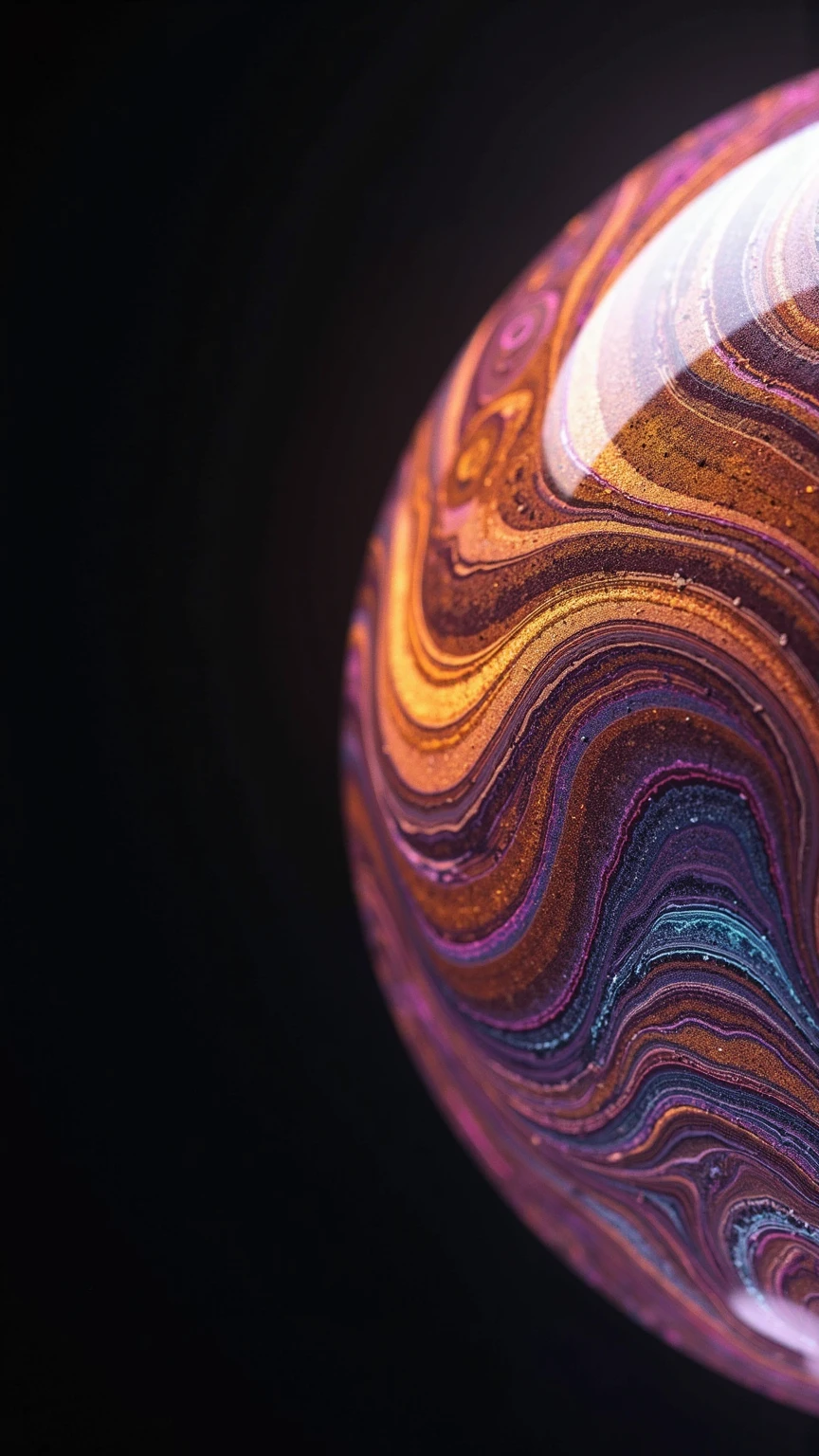 hyper-realistic close-up of a swirling multicolored soap bubble surface, shown on the right side of the frame, cropped into a partial sphere, set against a deep black background with no reflections or ambient light. The surface displays intricate marbled patterns, blending rich metallic golds, oranges, and purples with smooth gradients and organic fluid motion. The colors twist and fold around each other, forming natural fractal-like swirls, veins, and droplets. Highlights appear iridescent, shimmering with slight pearlescent tones depending on the curve of the surface. The lighting is soft and diffused, giving the textures a surreal glowing effect without harsh shadows. There is no visible horizon, depth cues, or objects to provide scale, enhancing the abstract quality. This aesthetic evokes a microscopic planetary landscape, otherworldly yet familiar. Design inspired by macro photography of thin film interference patterns found in soap films or oil slicks, captured with extreme detail and dynamic range. Focus remains sharp across the entire visible hemisphere of the surface, accentuating each filament and ripple. Intended as futuristic, minimal, and abstract visual art piece suitable for sci-fi themes or background displays on digital devices. Image style is smooth and fluid with no pixelation or visible noise, and rendered in ultra-high definition suitable for 8K displays. Visual emphasis on swirling dynamics and contrast between warm and cool tones, gradient transitions from rich amber and crimson through violet into indigo and subtle magenta. The compositional balance between left-negative space and right-sphere form is intentional, designed for digital wallpapers and OLED screens. No typography or text elements present. Color rendering is optimized for DCI-P3 wide gamut, with vivid saturation yet true-to-life tonality.