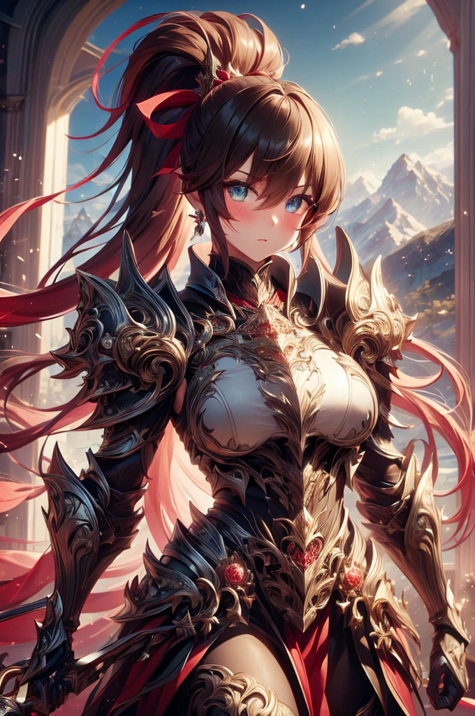 NSFW((masterpiece)), (((Best Quality))), ((Ultra-detailed)), (extremely detailed photo), ((extremely delicate and beautiful)),(Cute delicate face), ((masterpiece)), perfect anatomy, intricate, (highly detailed), masterpiece, photorealistic, (A tall and 22 years old dignified girl),(burgundy and black armor), (Castle town) ,alone,looking at viewer, (holding glowing weapon), double eyelid,delicate skin,slender body shape,medium breast,solo.alone,beautiful lip