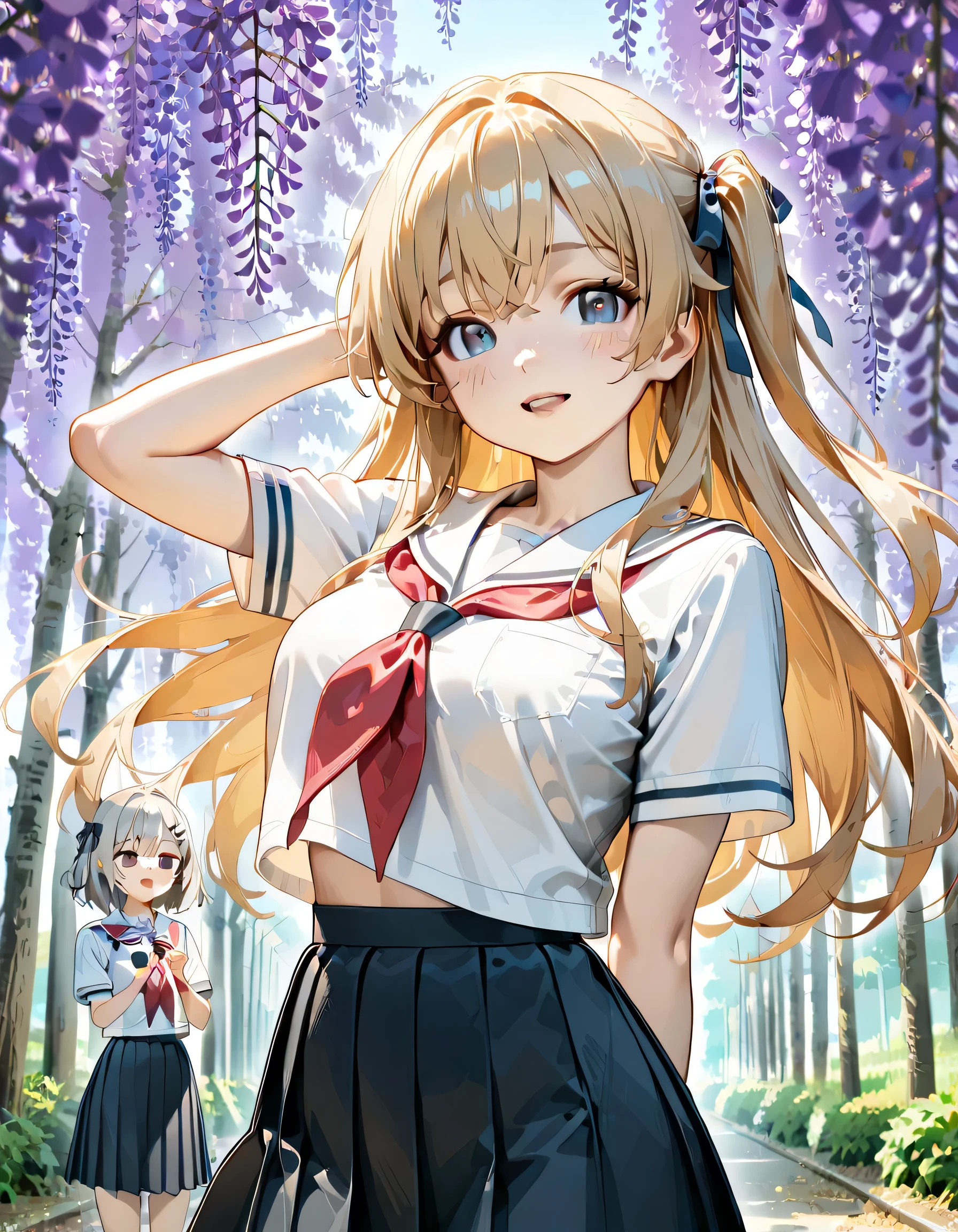 (score_9, score_8_up, score_7_up), source_Anime, absurd_res, white, blue, black, 2girls, duo, multiple girls, upper body, super fine illustration, an extremely delicate and beautiful, best quality, masterpiece, 8K, spring setting, wisteria flowers, gentle breeze, sunlight filtering through trees, long silver hair:1.3, half updo:1.2, blue eyes, wearing glasses:1.3, round eyewear:1.3, round_glasses22A:1.3, hair ribbon with black, ample breasts, white sailor school uniform:1.3, red tie, black pleated skirt, wet clotch, wet body, ultra-beautiful girl, fluttering hair, blushing faces, surprised expression, embarrassed reaction, looking viewers:1.3, dynamic pose, contrapposto pose, soft fabric movement, fluttering petals, warm and bright atmosphere, soft lighting, delicate color palette, detailed clothing folds, flowing hair, lively spring vibe, highly detailed rendering, breathtaking composition,