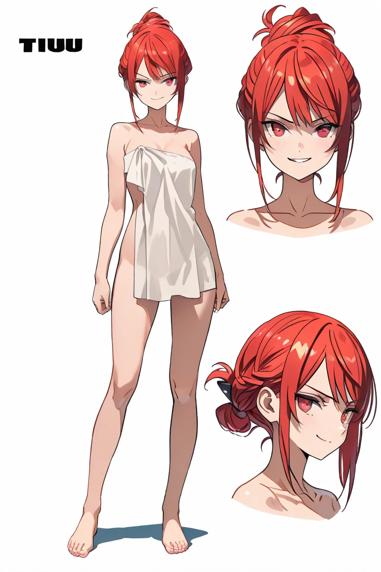 (barechested:1.4), ((character turnaround、the same character))、((Best Quality)), ((masutepiece)), ((Realistic)) age19, red hair girl, shoulder length hair, Relaxed and happy face ((slender)) (busty), ((( Black lingerie ))) ((Sexy )) Textured Pixie Haircuts (((Detailed Character Sheet, Frontal view, Side view, three quarter view、the same character))) (((White background)))