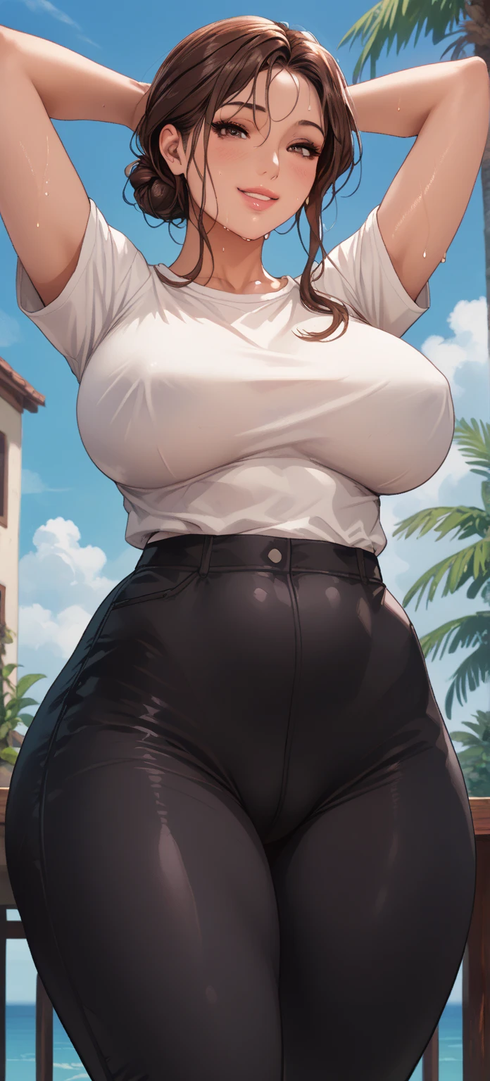 skirt, cloth bulge, 1girl big tits enormous breasts, futanari enormous dick big dick, dark_skin, black_hair, t-shirt, large_breasts, erection_under_clothes,, beautiful, (masterpiece:1.2), (best quality:1.2), perfect eyes, perfect face,