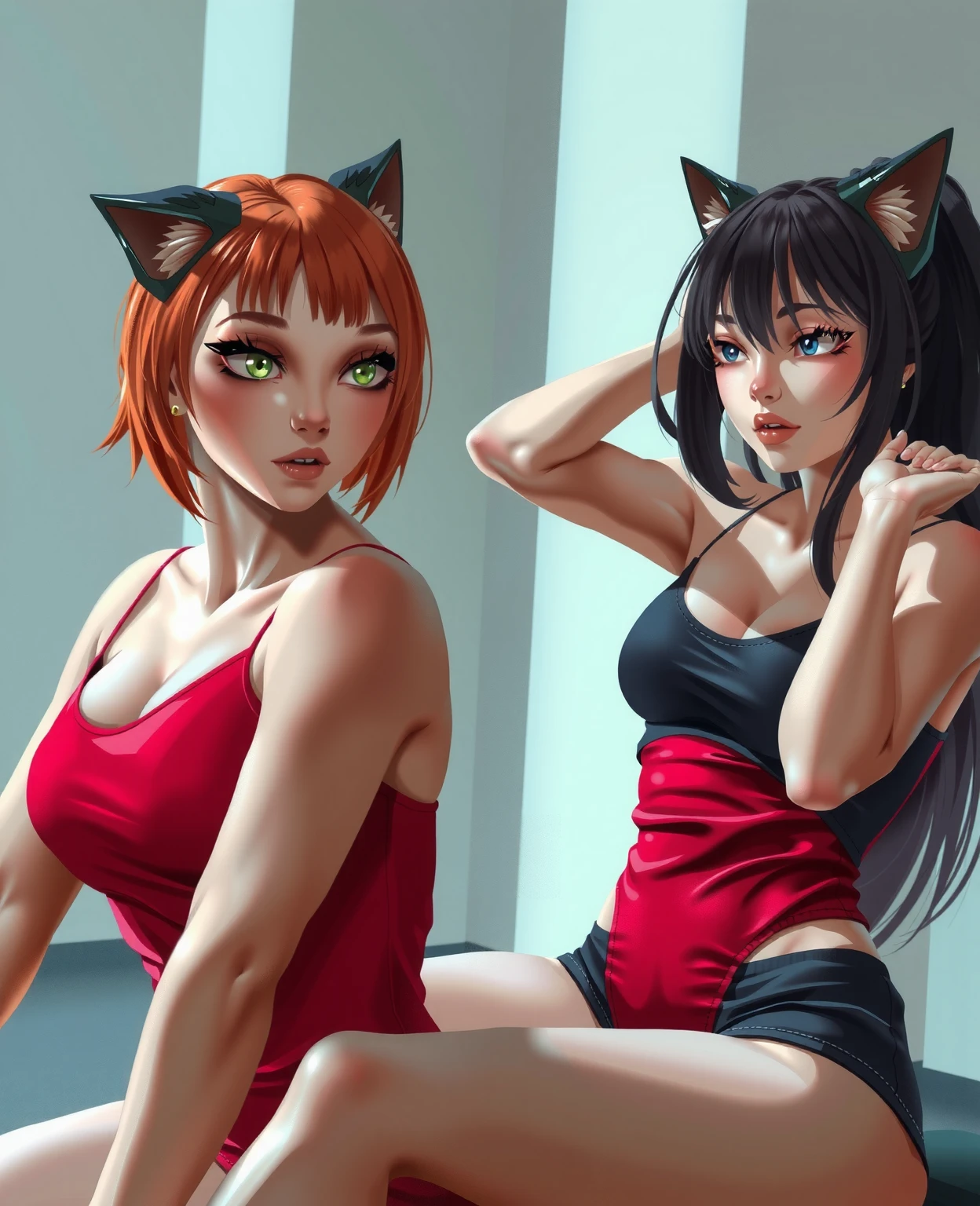 Realistic poster portrait of Masnya, (Purple skin color:1.1), Cat ear, alone, Jeremy Lipking, William Bouguereau, (Alphonse Mucha:0.5), By d-art , SFW Dark blue hair girl, Cat ears and tail, Wearing a tank top and racing pants. Loli body type Twin tails Female genitalia is visible Detailed depiction of female genitalia Flat Chest Stern expression With legs apart