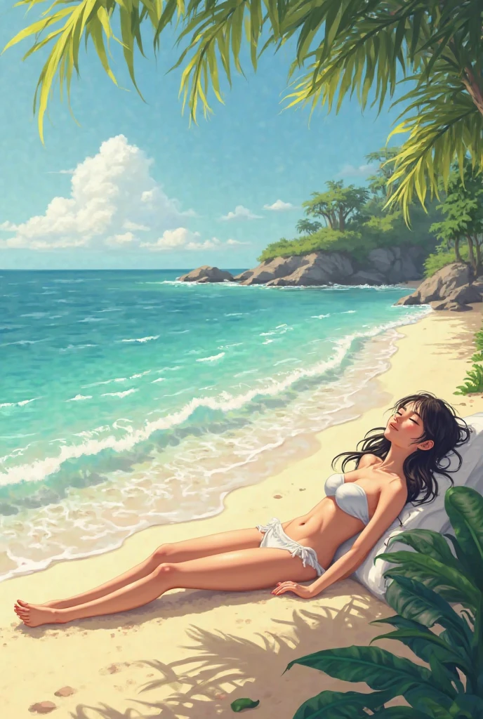 Young girl on a nudist beach, under the palm trees