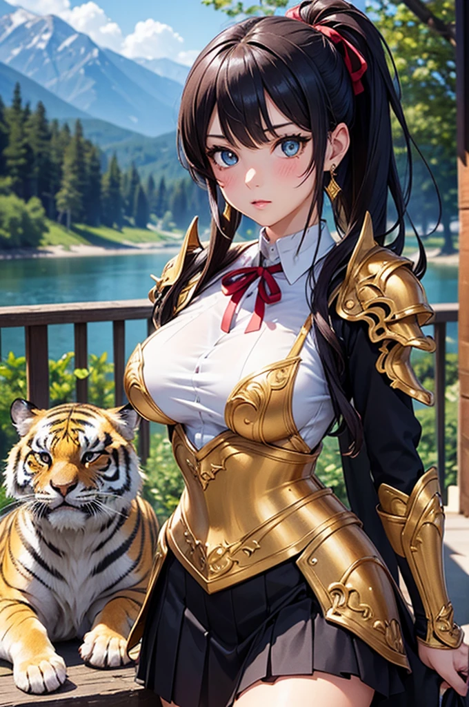 An asian girl with long black hair wearing and old armour relaxing after a long battle in the nature by a river. Her pet tiger sleeps next to hear