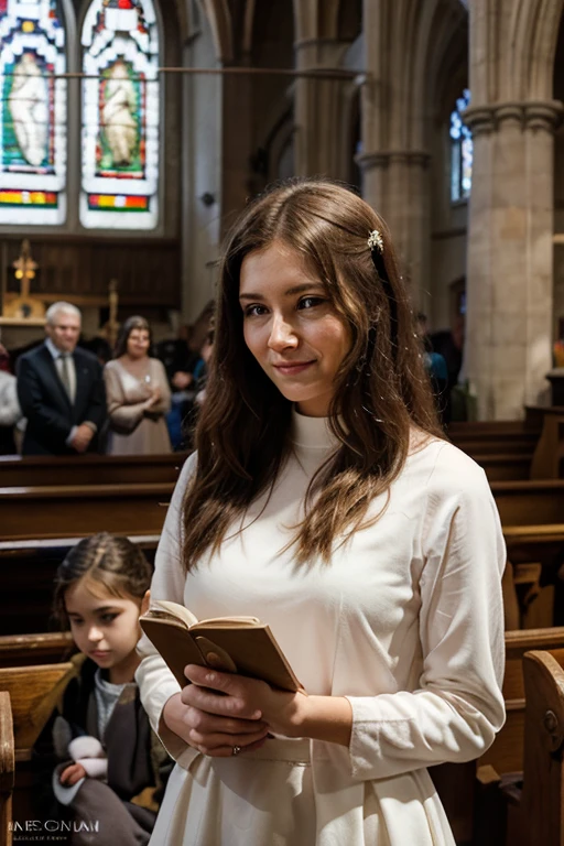 Lauren Boebert, 35 year old woman, small and dainty Christian cross necklace, glasses, brown eyes, beautiful hair, slightly wrinkled skin, wedding dress, lace, off shoulder, cleavage, sitting in church pew, bokeh,f1.4,40mm,photorealistic,raw,8k,skin pores,dried-up,textured skin,intricate details,dramatic light,award winning,style by Dan Winters,RAW photography,film grain,(indistinguishable from reality:1.4),photo taken with a Bolex H16,captivating eyes,smiling,charming,striking features,character,thorough,
