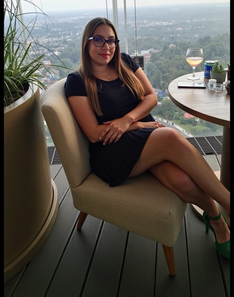 Beautiful woman, 35 years old, sitting at a table, legs crossed, sitting in front of a computer, working on her laptop, side photo, seductive sitting pose, thick legs. Woman in her 35s. Woman with white, tanned skin and dark hair. She is about 35 years old. Her pink lips, her dark brown eyes. Slim body, slim waist. Beautiful, highly realistic, beautiful woman, slightly pink lips, slightly pink lipstick, smiling, feeling of lightness and joy, very elaborate skin. Clear photo, high quality, high resolution, masterpiece, 8K.