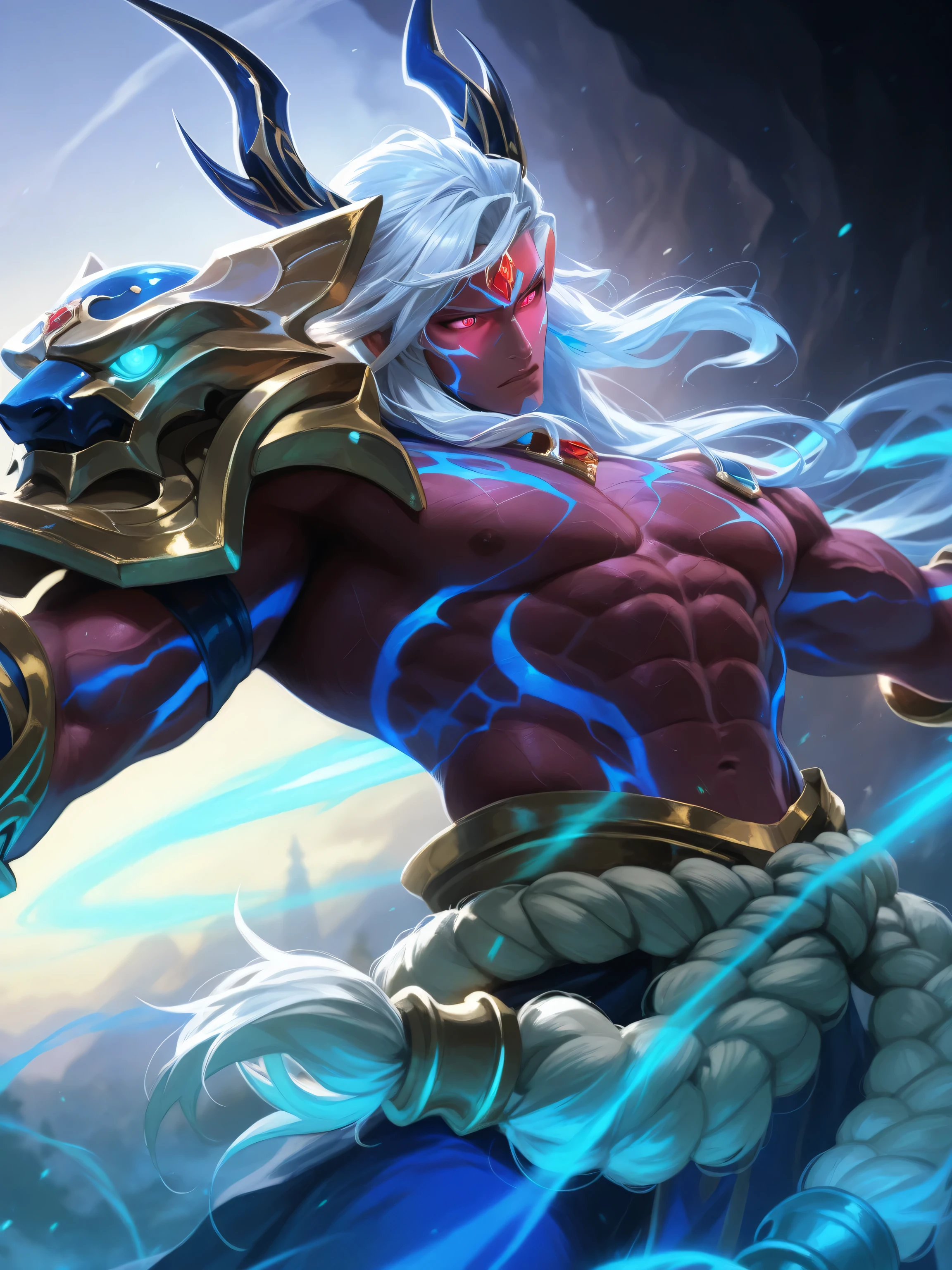 Best quality, masterpiece, detailed skin texture, detailed clothes texture, detailed face, super detail, 8k, intricate detail, 1 boy, The color doesn't change, Muscle guy, 1 guy, strong red eye glow (red eye:1.2), lots hair
