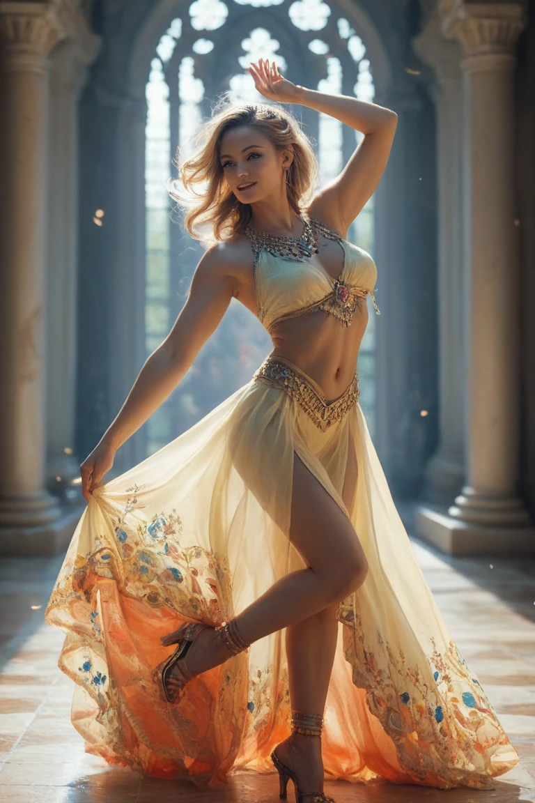 1girl,Emma Watson mix Scarlett Johansson, gold doctor straight slip dress , Fantasy gold Dwarf armer, wearing dark orange mini skirt fabric , (perfect big breasts:1.5, small waist, medium hips, perfect face)