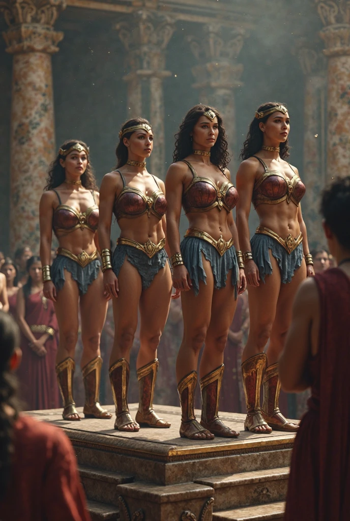 ancient rome, roman villa background, group of young girls, female gladiators, young, teens, muscular, athletic, buff, attractive, curvy, powerful, varied ethnicities, incase, painterly style, 