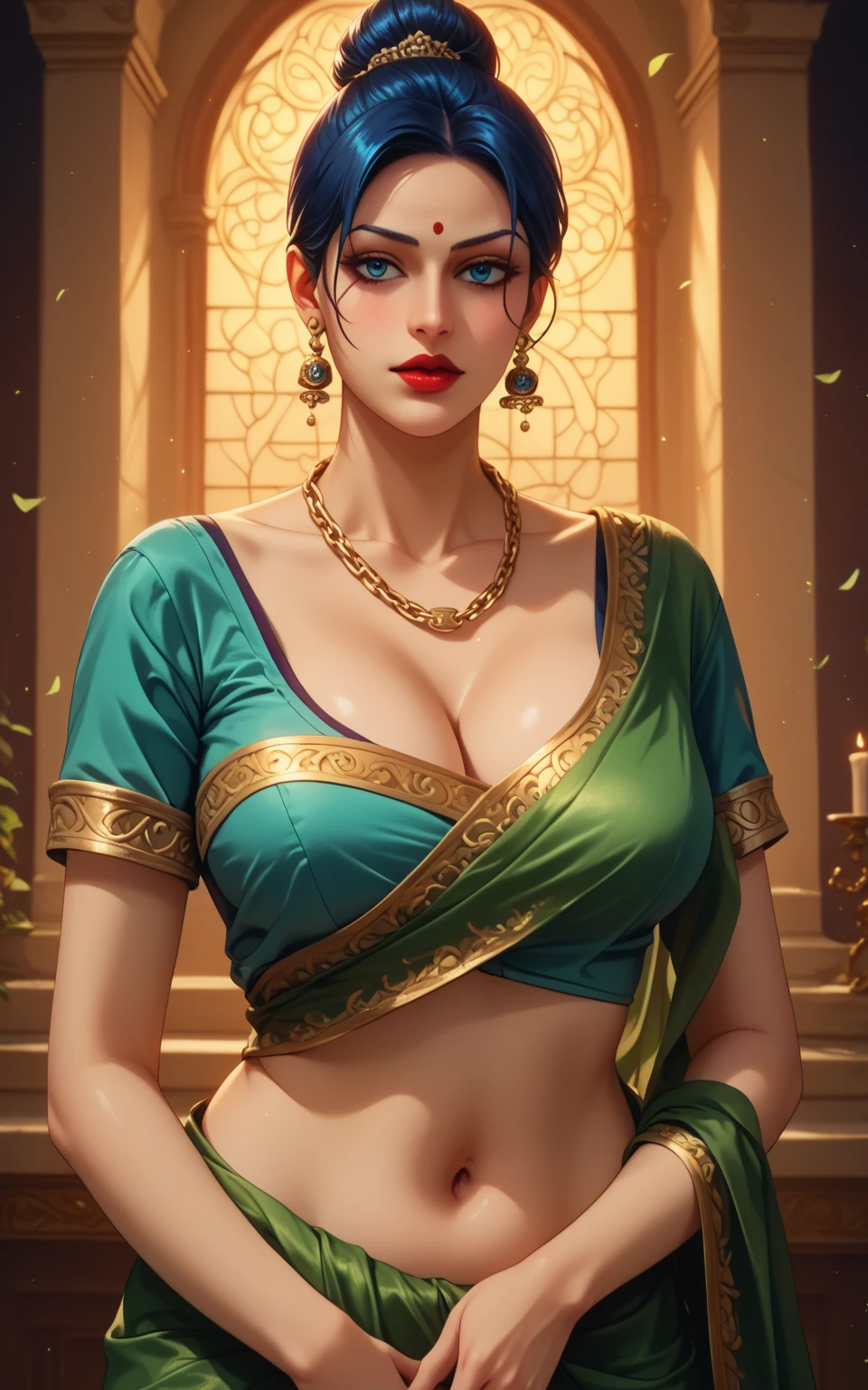 1 girl, age:18, outfit: black and white saree with bra instead of blouse, detailed face features, beautiful eyes, full lips, delicate skin, intricate jewelry, shimmering saree fabric, ornate golden border, standing in lush garden, warm afternoon sunlight, photorealistic, 8k, high resolution, realistic, cinematic lighting, masterpiece, hair style: very short hair with one side cut, hair colour: red