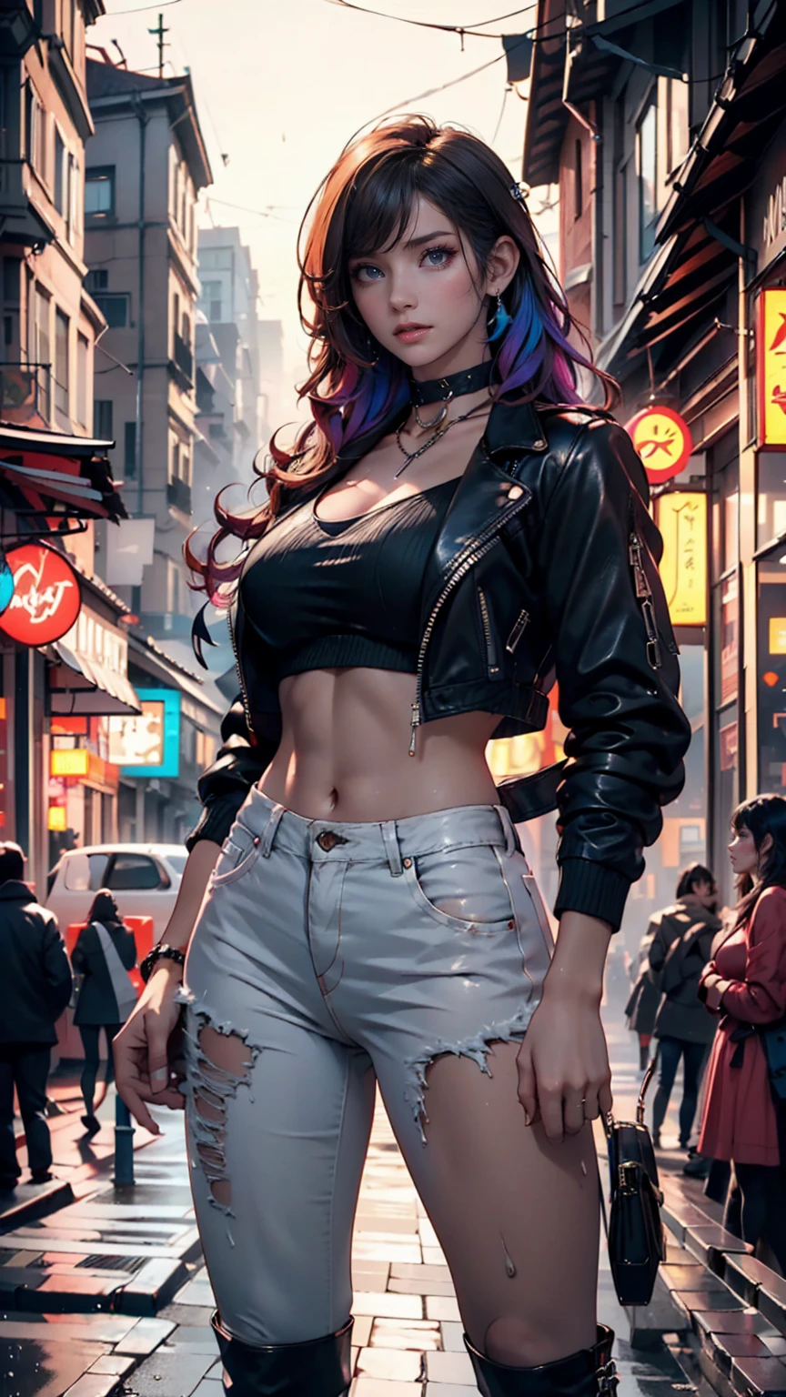 (masterpiece, best quality), 1girl, emo, beautiful hair, colored hair, intricate jacket, jeans, magic tattoos, perfect night, moonlight, street A Chinese girl, 18 years old (orchid tattoo back 1.5), (open back 1.1) beautiful eyes, real face, real skin, realistic face, realistic skin, detailed eyes, detailed facial features, detailed clothing features, (fashion hairstyle: 1.2) dynamic pose,  looking at the audience, simple background, smile, detailed face, double eyelids,