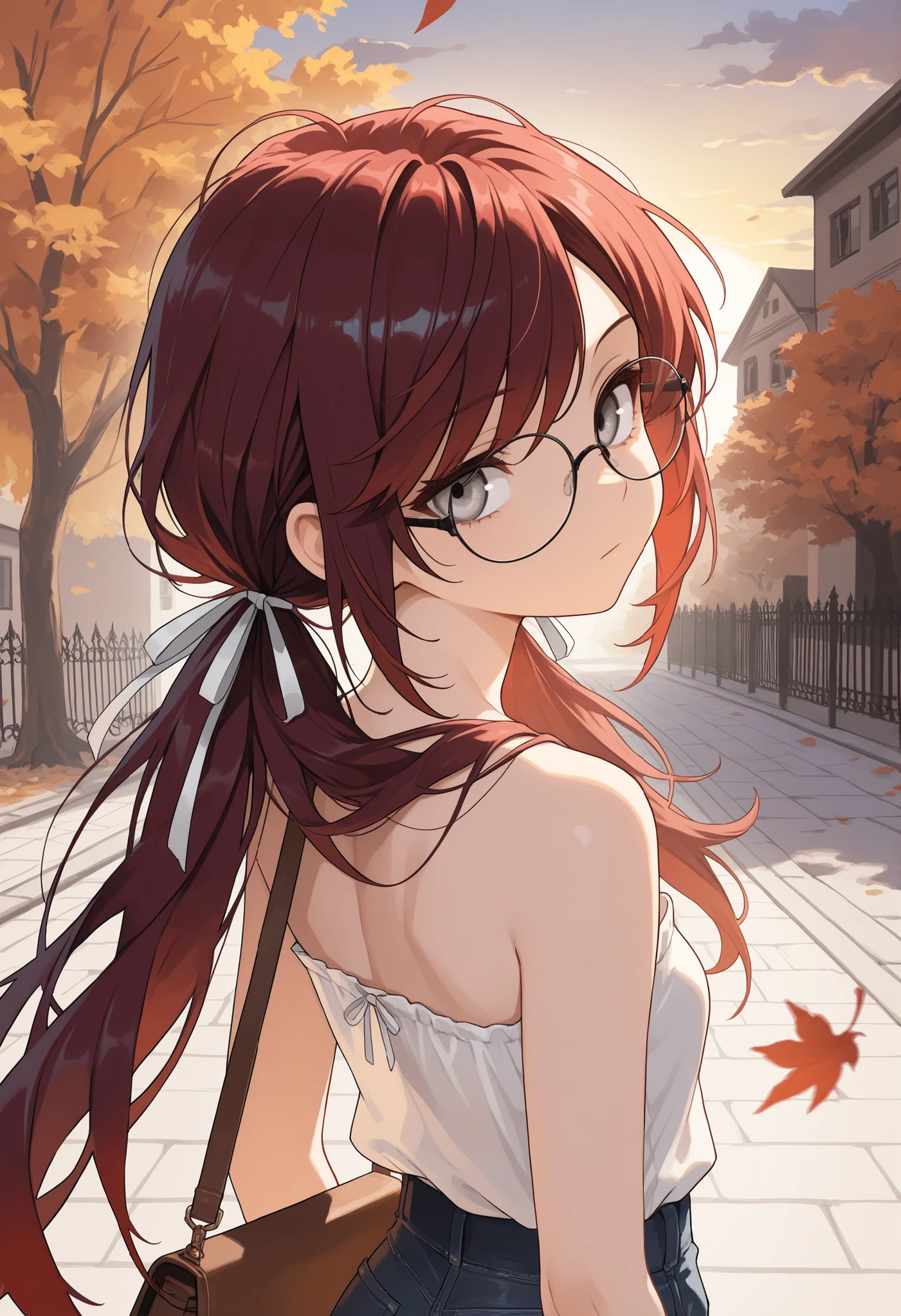 (masterpiece:1.2, Best Quality), (finely detailed beautiful eye: 1.2), (beautiful detailed face), (masterpiece:1.2, Best Quality), (finely detailed beautiful eye: 1.2), (beautiful detailed face), solo, close up,looking back, dark aura, dark energy, bristly hair, dark aura, shadowy aura, upper body, thin girl, expressionless, :l, Gray eyes, lifeless eyes, head tilt, dark red hair, swept bangs, long low twin tails, white ribbons, strapless sleeveless shirt, white shirt, satchel, glasses, jeans, , hair ribbons, translucent ribbons, autumn, falling leaves, white brick buildings, trees, sidewalk, iron fence, clouds, sunrise, thin thighs, thin legs, close up, messy hair, stoic, shadowy aura,