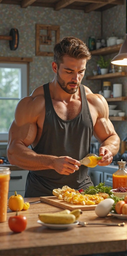 photorealistic, best quality, masterpiece, extremely detailed, very sexy, very homoerotic, extremely handsome, 30 year old muscular filipino man, (muscular bodybuilder), laughing, wearing only apron, in kitchen, toasted bread pops out of a toaster, he tries to catch the bread in mid air, extremely romantic atmosphere, perfect face, perfect fingers, perfect hands, perfection