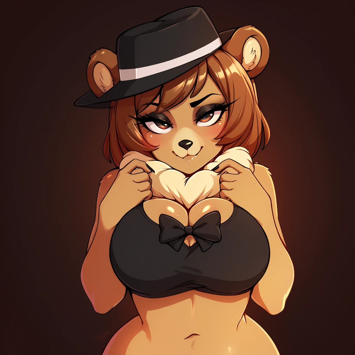 (by Kaeritai07,by Kajinchu ,by Jinu,by Dizzymilky),(hi res),(best quality),(masterpiece), BREAK solo,fredina,top hat,ponytail,larger anthro, mammal, fredina's nightclub, blue eyes,BREAK ,dark room,pose