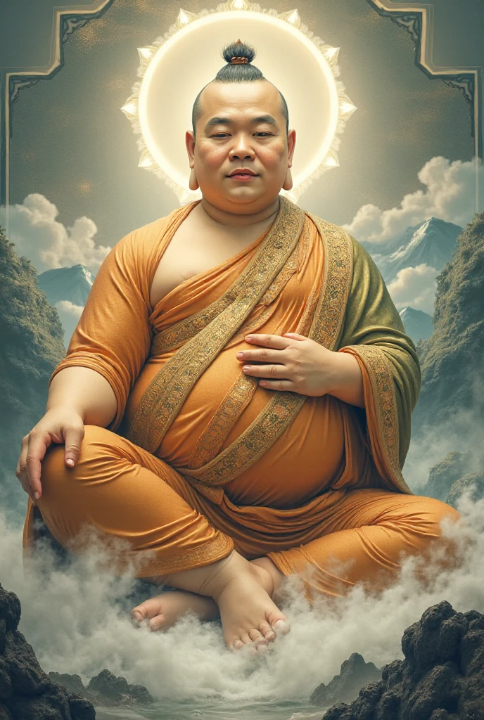 A fat monk, with thinning hair, covered in tattoos all over his body.