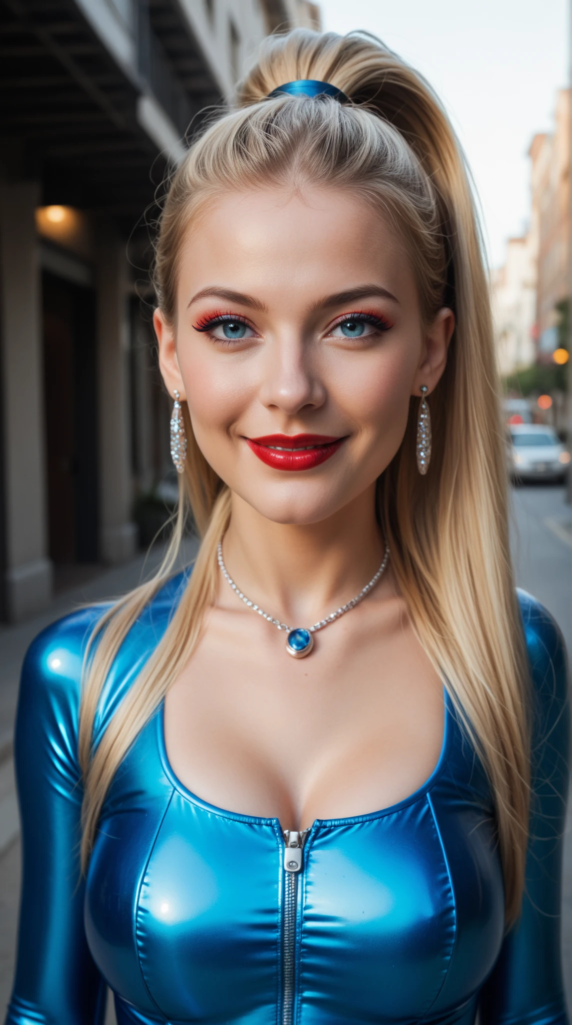hyperrealistic beautiful busty 19-year-old woman with long legs wearing female superhero cosplay outfit, model shooting full body photography, bleached blonde very long straight hair, soaky wet skin, dark eye makeup with eyeliner, seductive smile, red lips, 8K, Best quality, Meisterwerk, ultra high resolution, (Realismus: 1.4), Originalfoto, (realistische Hautstruktur: 1.3), (Filmkorn: 1.3), (Selfie-Winkel), 1 girl, Beautiful round hazel eyes and facial details, Meisterwerk, Best quality, outdoor photography, nsfw