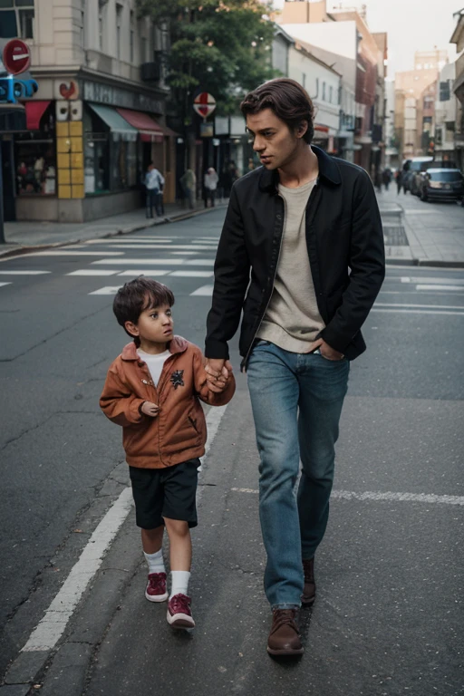 make a boy who rides a skateboard down the street, with black hair and a white complexion and who carries an electric guitar on his back and make a boy crossing the street, that boy who has brown hair and white skin, blue eyes and wear fine clothes, a red sweater made of fine fabric and wear glasses  