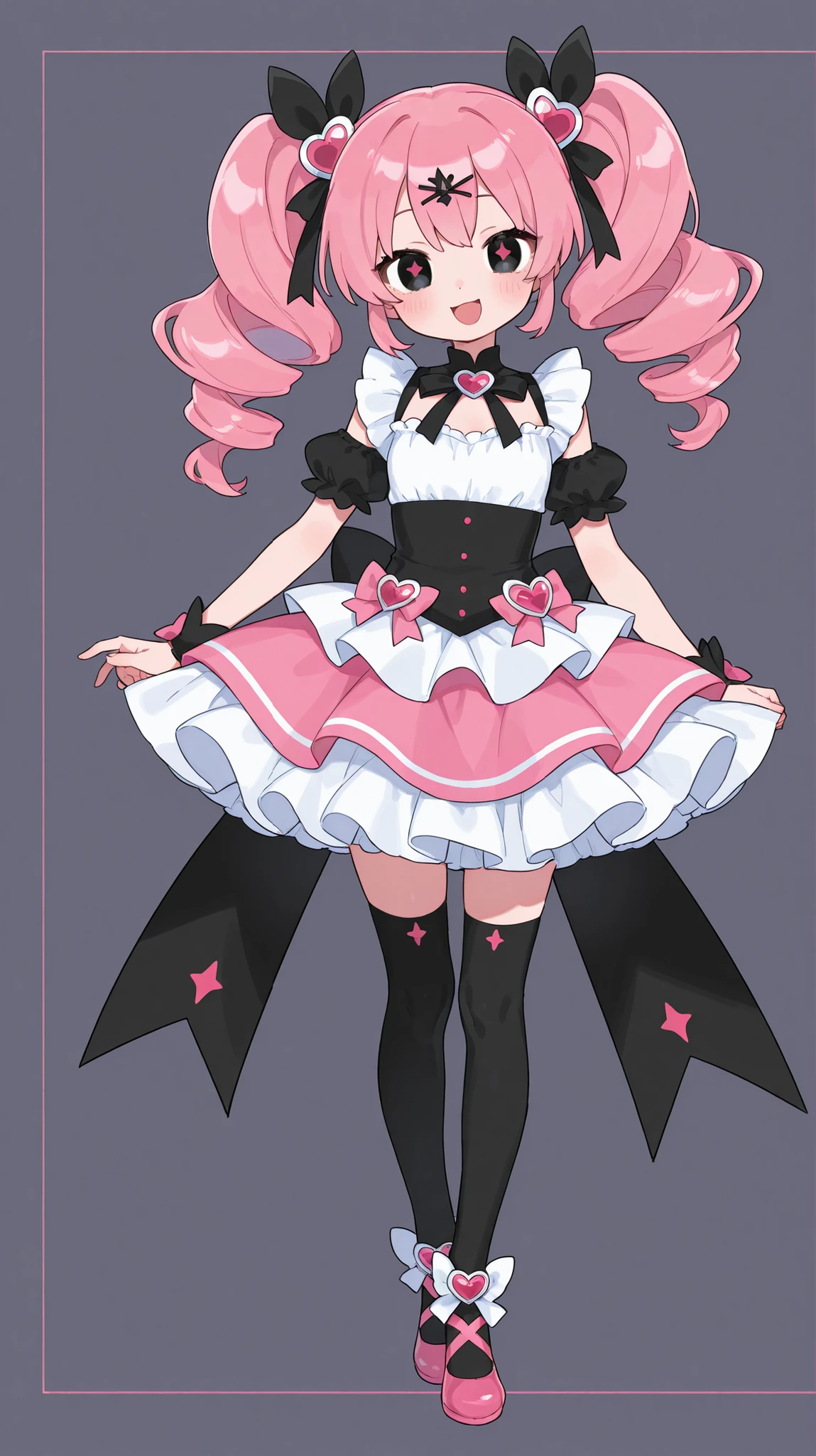 one girl。full body standing picture。pink twin tails、black ribbon hair accessories、Magical Girl、濃いピンクと黒を基調としたMagical Girlの衣装を着ている。eyes are black with dark eyes。smile。he opens his mouth and laughs。looks like fun。Cheeky。cute。upright。