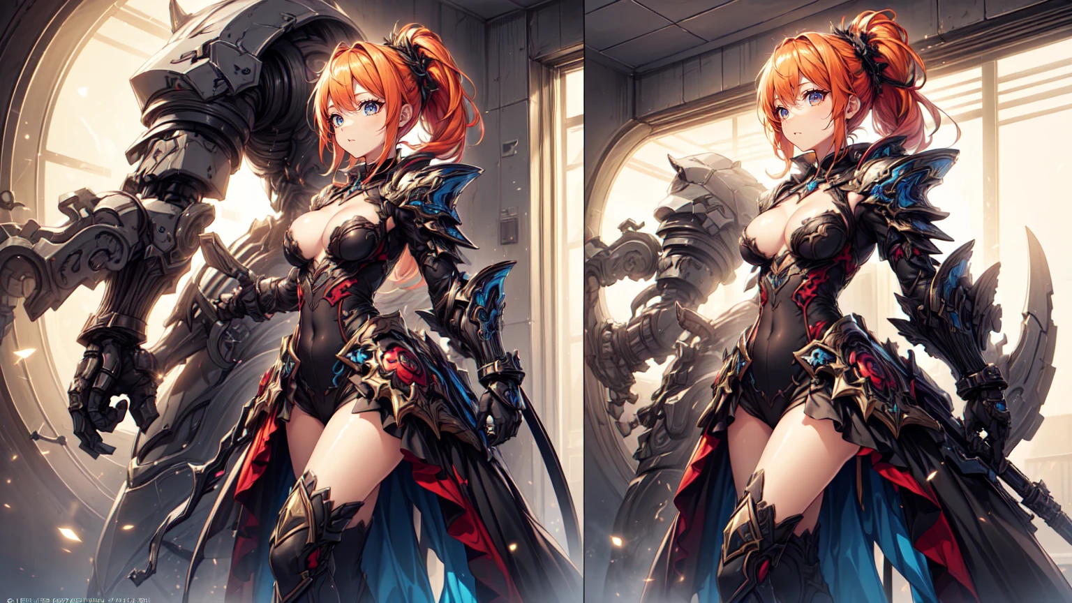top-quality、masterpiece、超A high resolution、(Photorealsitic:1.4)、Raw photo、女の子1人、red hairs、glowy skin、1 Machine Devil、large metal wings、Metal horn、((super realistic details))、portlate、globalillumination、Shadow、octan render、8K、ultrasharp、Colossal tits、Raw skin is exposed in cleavage、Black fiberglass body、Details of intricate gilded ornaments、Steampunk details、Glowing LEDs、Hydraulic cylinder、highly intricate detail、Realistic light、Red Eyes、radiant eyes、Facing the camera、neon details、Mechanical limbs、cowboy shot、Small LED lamp、Orange Character Catch Light、