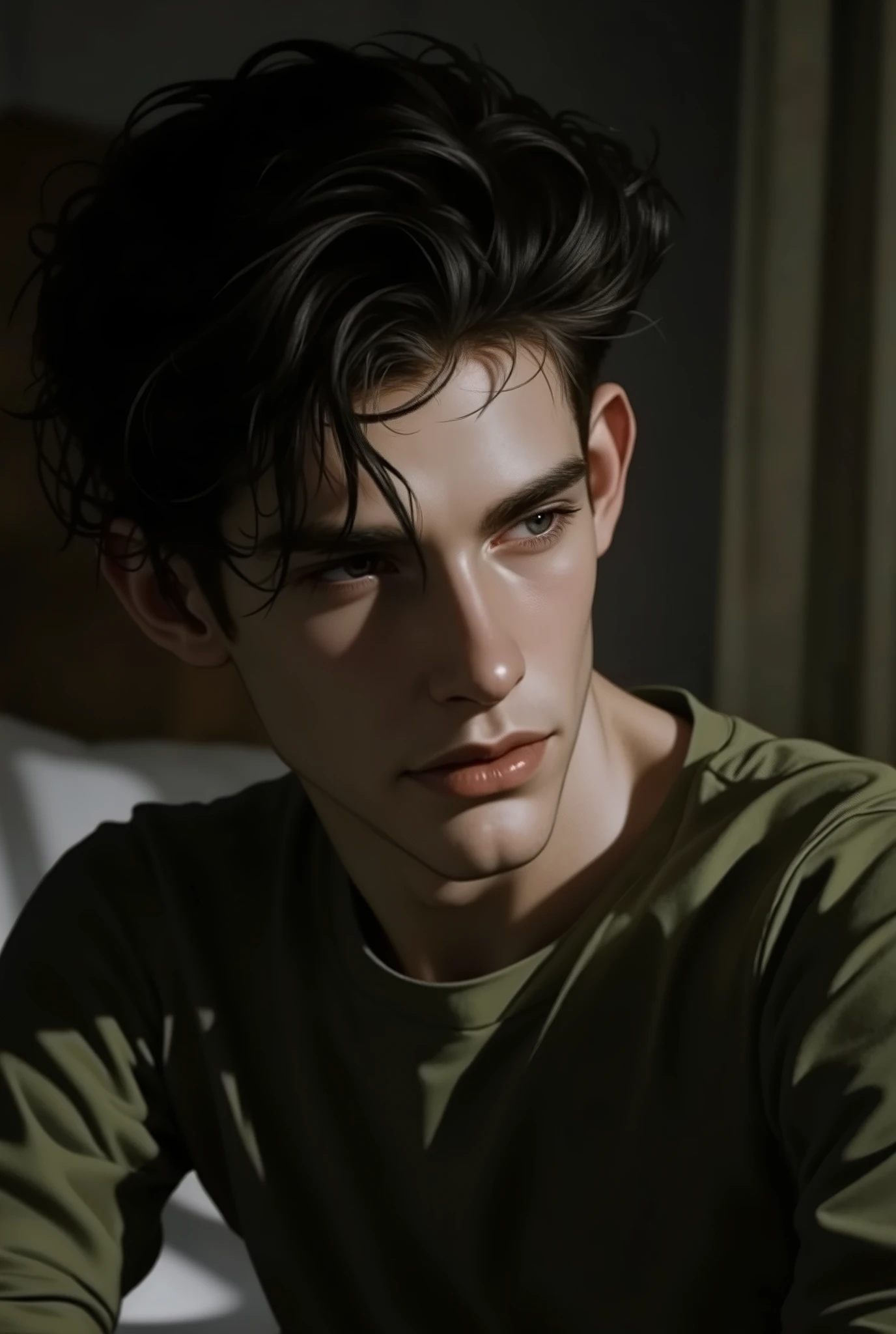 Realistic digital painting
Portrait of a young man
Moody, contemplative expression
Soft, natural lighting
Dark, messy hairstyle
Olive-green long-sleeved shirt
Handsome, elegant male character
Pale skin, subtle glow
Dark aesthetic, melancholic atmosphere
Detailed facial features, expressive eyes
Modern casual attire
Bedroom setting with dim light
High contrast shadows and highlights
Sensual and introspective mood
Smooth rendering, highly detailed textures