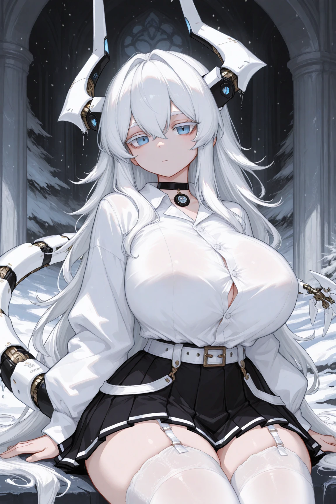 Masterpiece, best quality, expressive eyes, perfect face, 1girl, solo, monster girl, animal ears, blush, long hair, looking at viewer, simple background, hat, breasts, antlers, white hair, white background, gloves, winter clothes, coat, full body, winter coat, large breasts, mature,