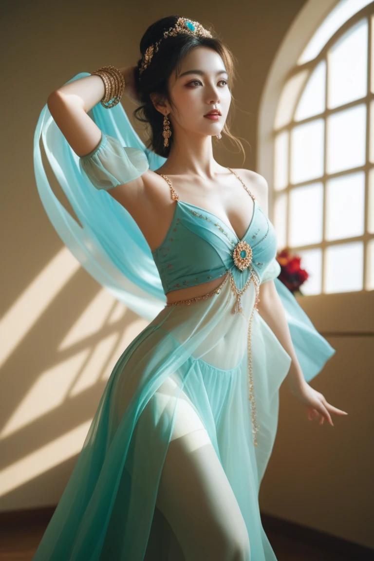 A color photo of a dance performance, beautiful angel face，realitic，set against a backdrop of a heavenly palace in the clouds, next to the Jade Pool. The dancer is wearing an elegant and flowing costume, with long trailing sleeves that resemble feathered wings. The dancer's movements are graceful and fluid, as if she is flying in the sky. The atmosphere is divine and serene. The photo utilizes specific camera settings, including a particular camera model, film type, and lens techniques. A collaboration of creative professionals from various fields will work together to uniquely capture the beauty and magic of the dance