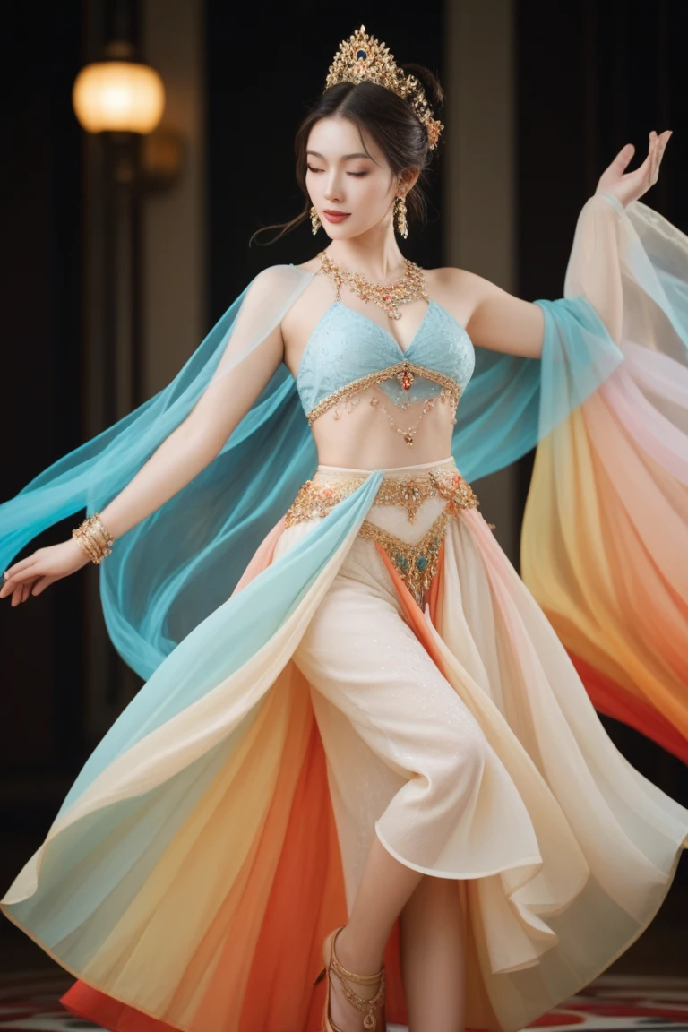 masterpiece,(best quality:1.3),ultra high res,raw photo,detailed skin,beautiful lighting,(realistic,photo-realistic:1.4),1girl,dunhuang,<lora:dunhuangV2.1:1>,Rich action,(Dancing:1.3),full body <lora:koreandolllikeness_v15:1>