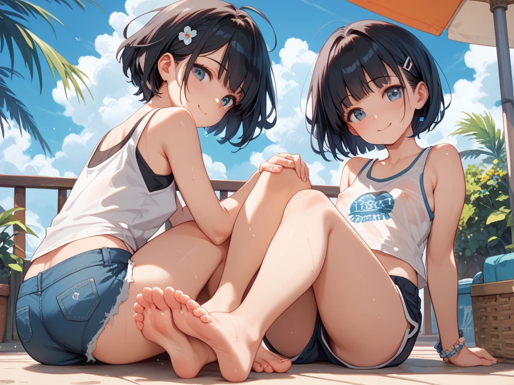 1 female,Black Hair,((12 years old)),(((white and blue sports bra and shorts)))(((blush、Laughing with your mouth open)),(((Yuki Mikan))),crowd(girl's body shape)(((Small breasts)))Squat,((Wet with sweat))Outdoor Playground,Mansuji
