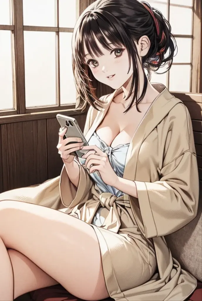 (8K、top-quality、masterpiece:1.2)、(realisitic、ultra-detailliert、超A high resolution,cleavage,22years,beautifull detailed face,perfect body,((daytime)),Constriction、(Slim waist :1.3)、Beautiful detailed skin、Skin Texture、Floating hair、((daylight)),(Best Quality, 1 beautiful Japanese woman, Wrapped in a softly longcoat bathrobe, with her hair tied up and a radiant glow from a spa treatment, a woman (captures a selfie:1.0) in the hotel spa’s relaxation area. Behind her, the tranquil ambiance of the spa, with its soothing colors and elegant design, complements her relaxed and rejuvenated appearance. She smiles softly, her phone capturing the moment of indulgence in self-care at a lavish retreat