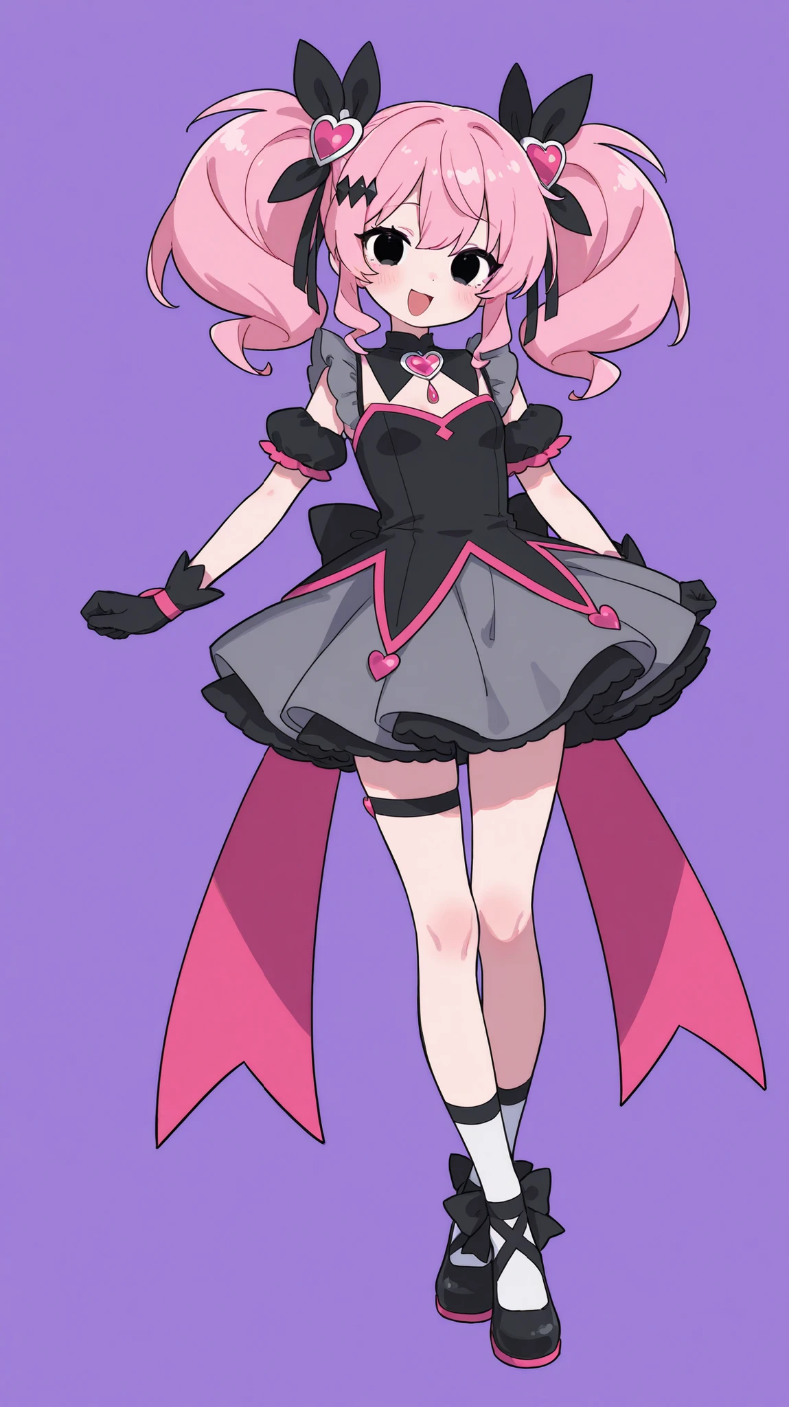 one girl。full body standing picture。pink twin tails、black ribbon hair accessories、Magical Girl、濃いピンクと黒を基調としたMagical Girlの衣装を着ている。eyes are black with dark eyes。smile。he opens his mouth and laughs。looks like fun。Cheeky。cute。upright。