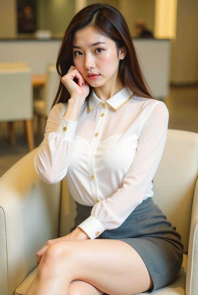 ulzzang-6500-v1.1, (RAW Photos:1.2), (See through:1.3), (Genuine:1.4), 1With a girl、24 years old、, Ocean Blue Eyes(Eye details), A shy smile、Blonde medium wavy hair、Curly Hair、European girl、(Elegant silk blouse:1.3), (Ultra-realistic pantyhose:1.3), (flare skirt:1.2), sitting in the office and working at the desk、Realistic skin texture、Glowing Skin、Exposed thighs!!!, Makeup, (Photorealistic), epiC35mm