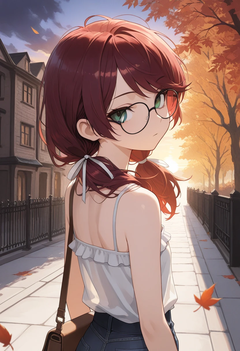 (masterpiece:1.2, Best Quality), (finely detailed beautiful eye: 1.2), (beautiful detailed face), (masterpiece:1.2, Best Quality), (finely detailed beautiful eye: 1.2), (beautiful detailed face), solo, close up,looking back, dark aura, dark energy, bristly hair, dark aura, shadowy aura, upper body, thin, young woman, expressionless, :l, Gray eyes, lifeless eyes, head tilt, dark red hair, swept bangs, long low twin tails, white ribbons, strapless sleeveless shirt, white shirt, satchel, glasses, jeans, , hair ribbons, translucent ribbons, autumn, falling leaves, white brick buildings, trees, sidewalk, iron fence, clouds, sunrise, thin thighs, thin legs, close up, messy hair, stoic, shadowy aura,