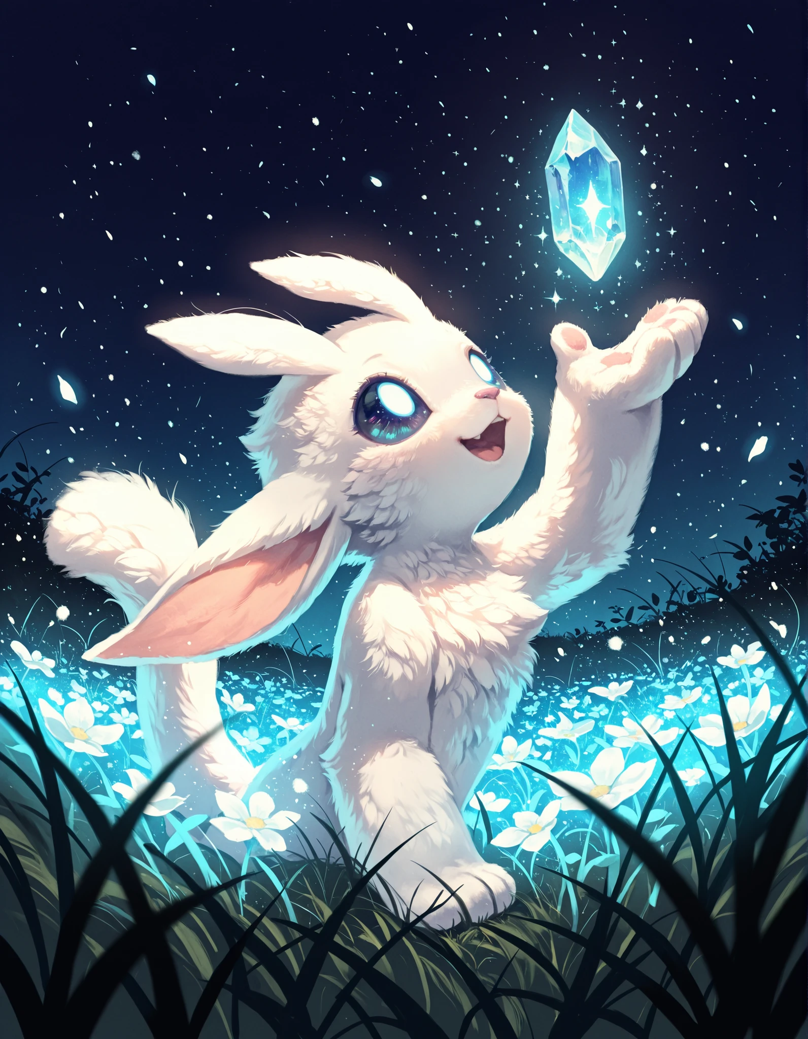 solo furry, no human, guardian spirit, ori \(ori\), white body, big eyes, half-length portrait, fluffy, curious, happy, open mouth, looking up, head up, particles, raised one hand, blue glowing crystal, floating crystal, BREAK, masterpiece, best quality, high quality, [by Manino \(Mofuritaionaka\):realistic:0.65], [:by Rei \(Sanbonzakura\):0.65], detailed background, detailed foreground, light, sparkles, blue light, night, [:depth of field, backlighting:0.15], [:plant, grass, leaf, flower field:0.25]